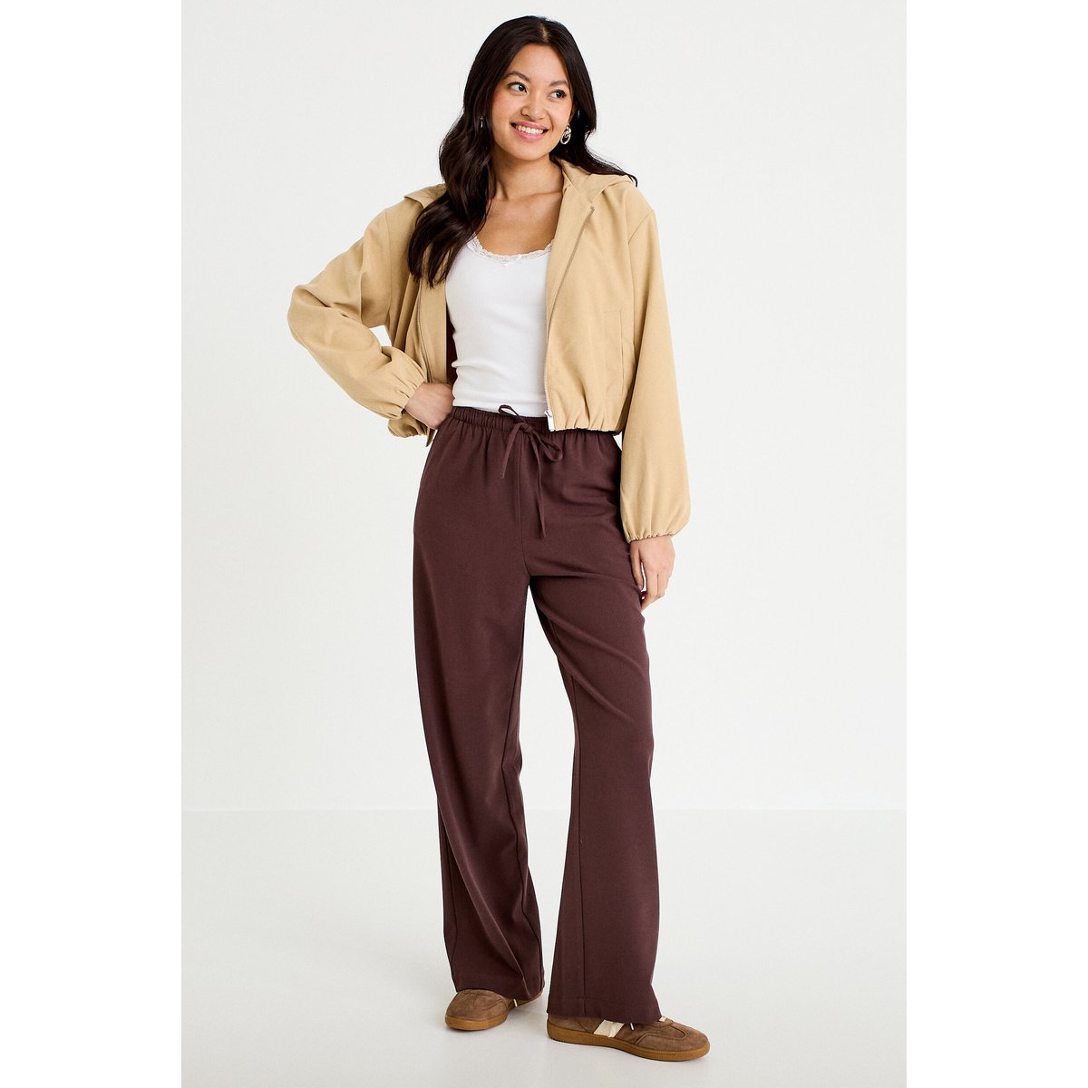 Veste cropped à capuche manches longues beige, CACHE CACHE
