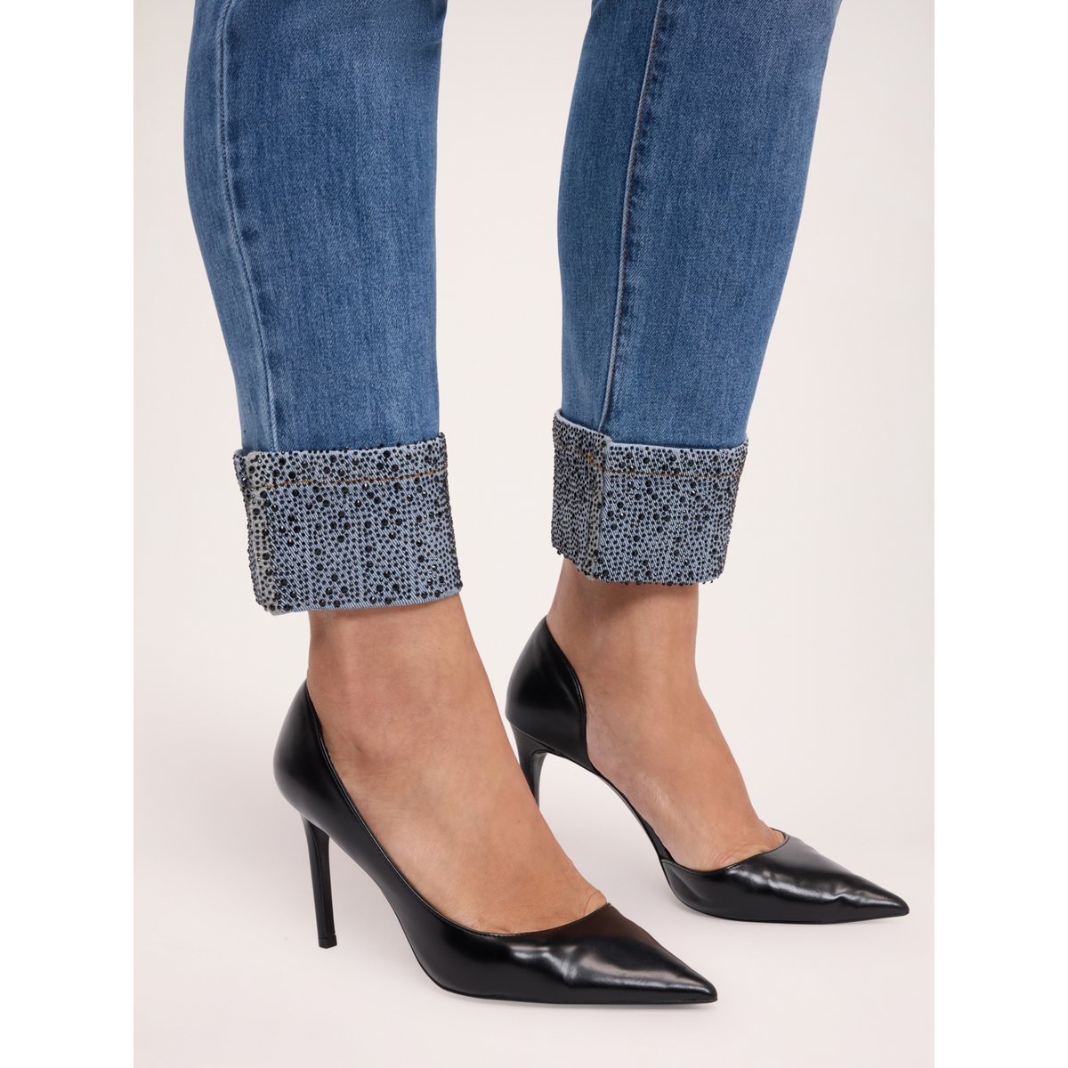 Jean skinny avec revers en strass bleu, FIORELLA RUBINO