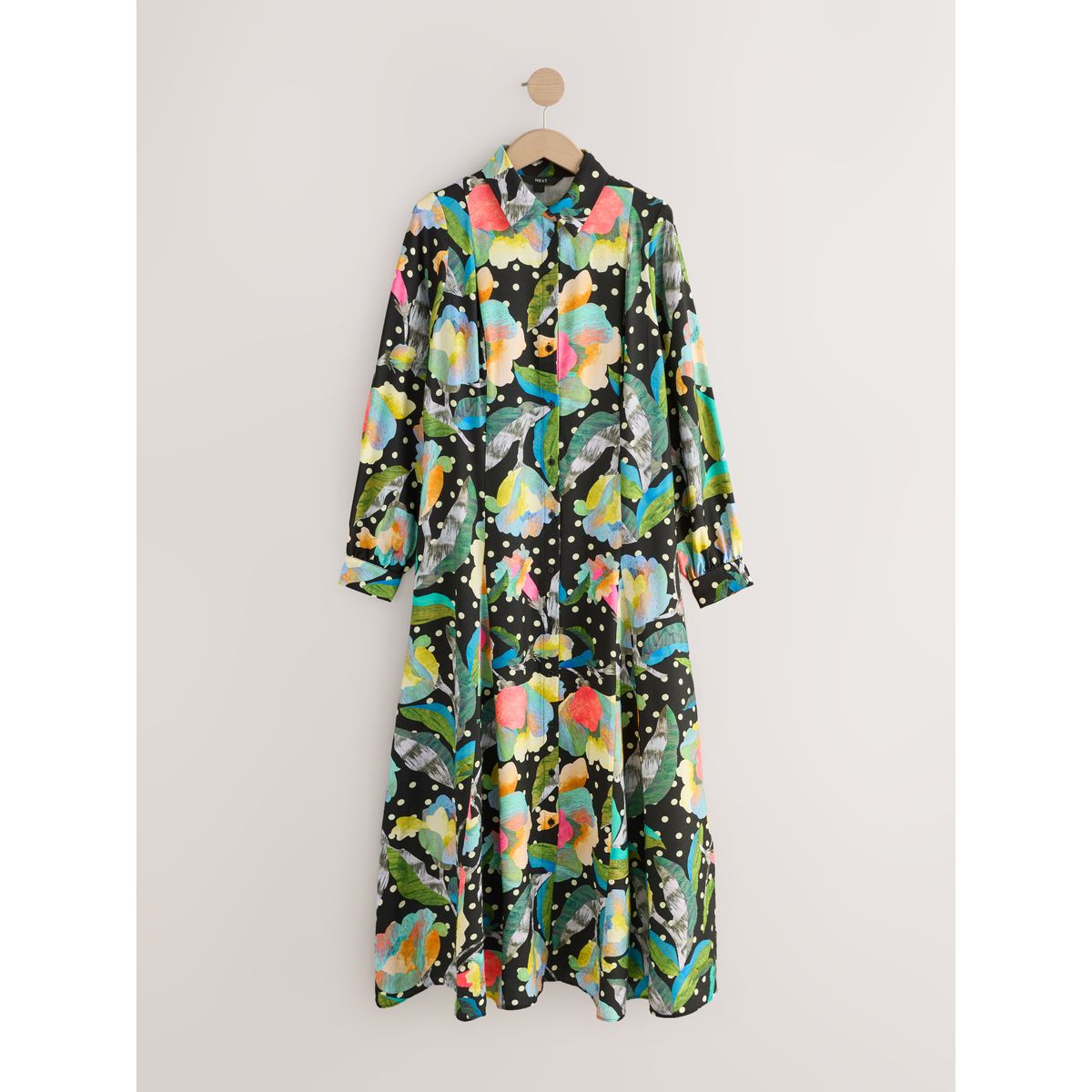 Robe chemise mi-longue à manches longues noir/multi-fleurs, NEXT