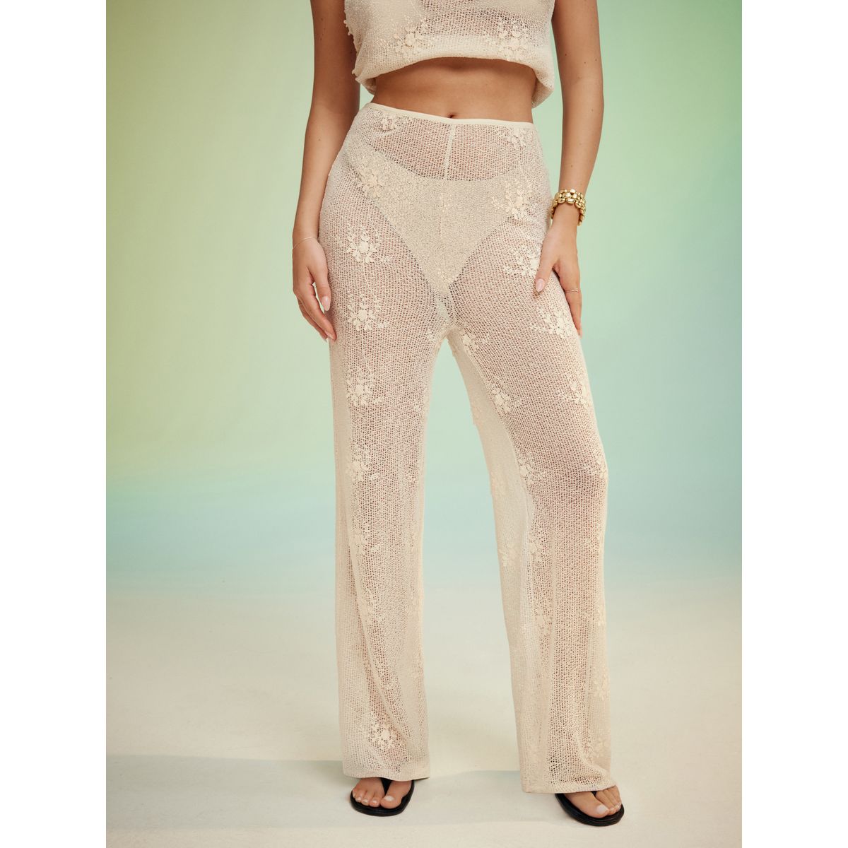 Pantalon large en maille à fleurs écru, NEXT