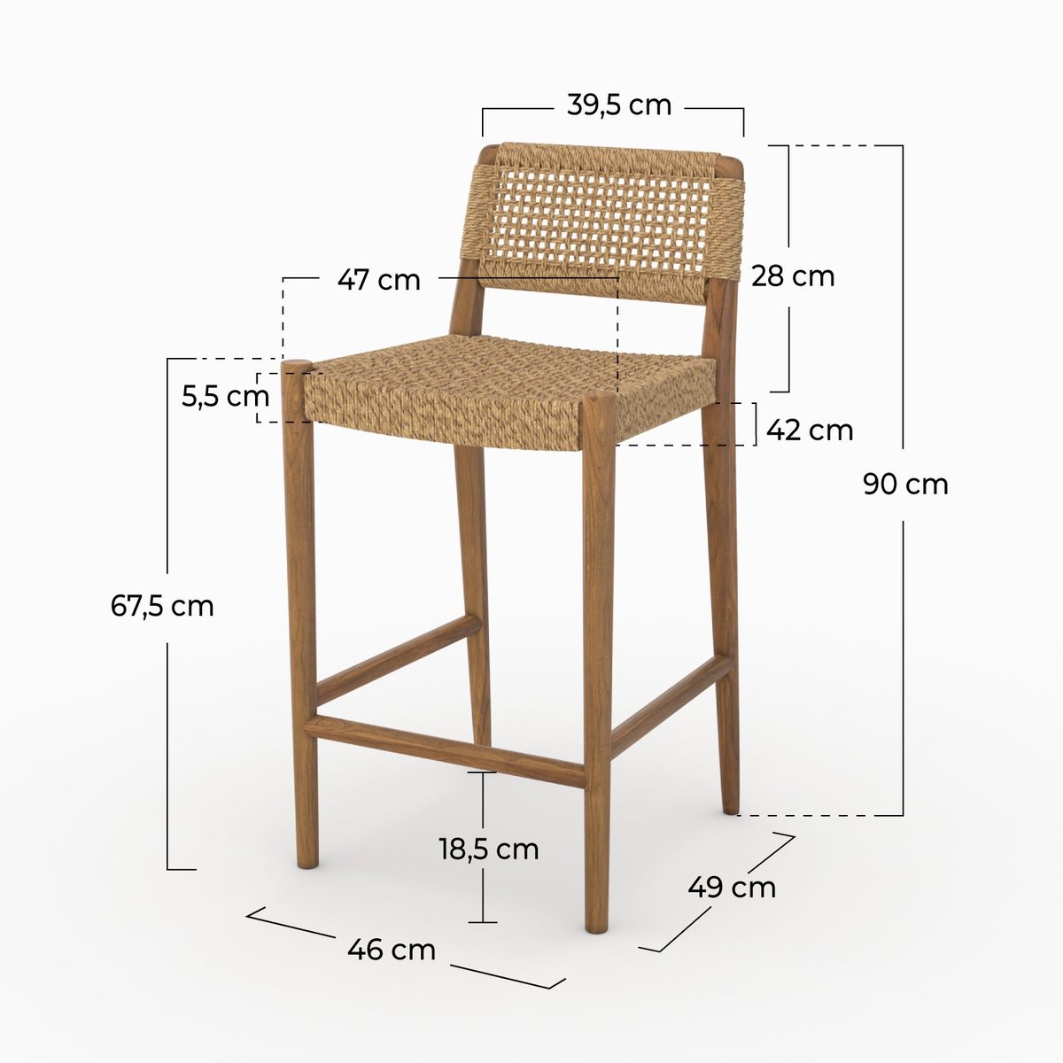 Chaise pour îlot central 65 cm en teck vernis et tissage synthétique - YABA marron, MAISON PAVANE