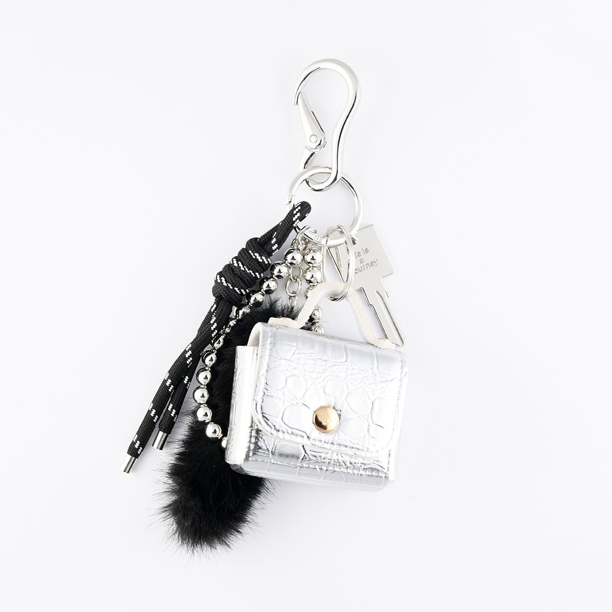 Bijoux de sac mini sac argenté et pompon noir noir, BALABOOSTE