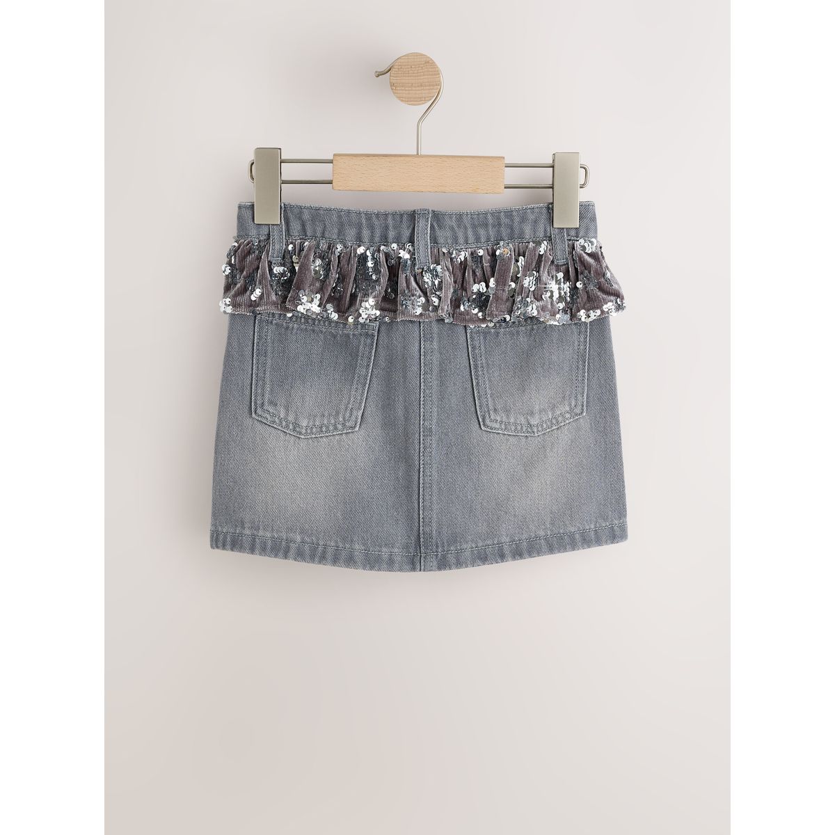 Jupe en denim péplum à paillettes grises/argentées, NEXT