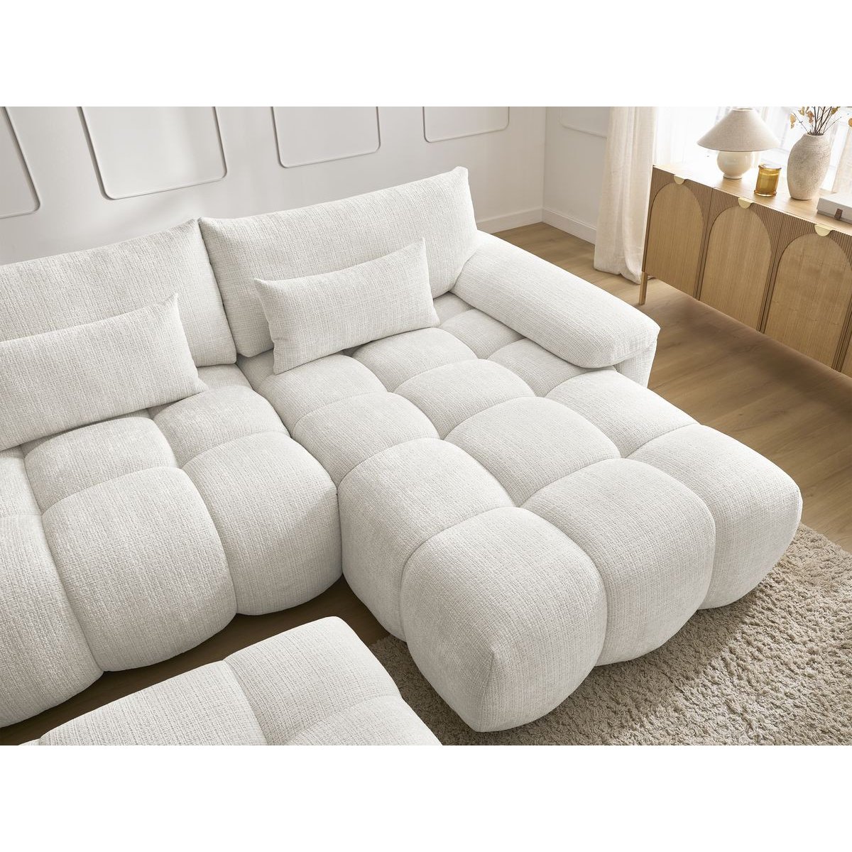 Canapé d'angle fixe 4 places en tissu texturé, IVANE blanc, BOBOCHIC
