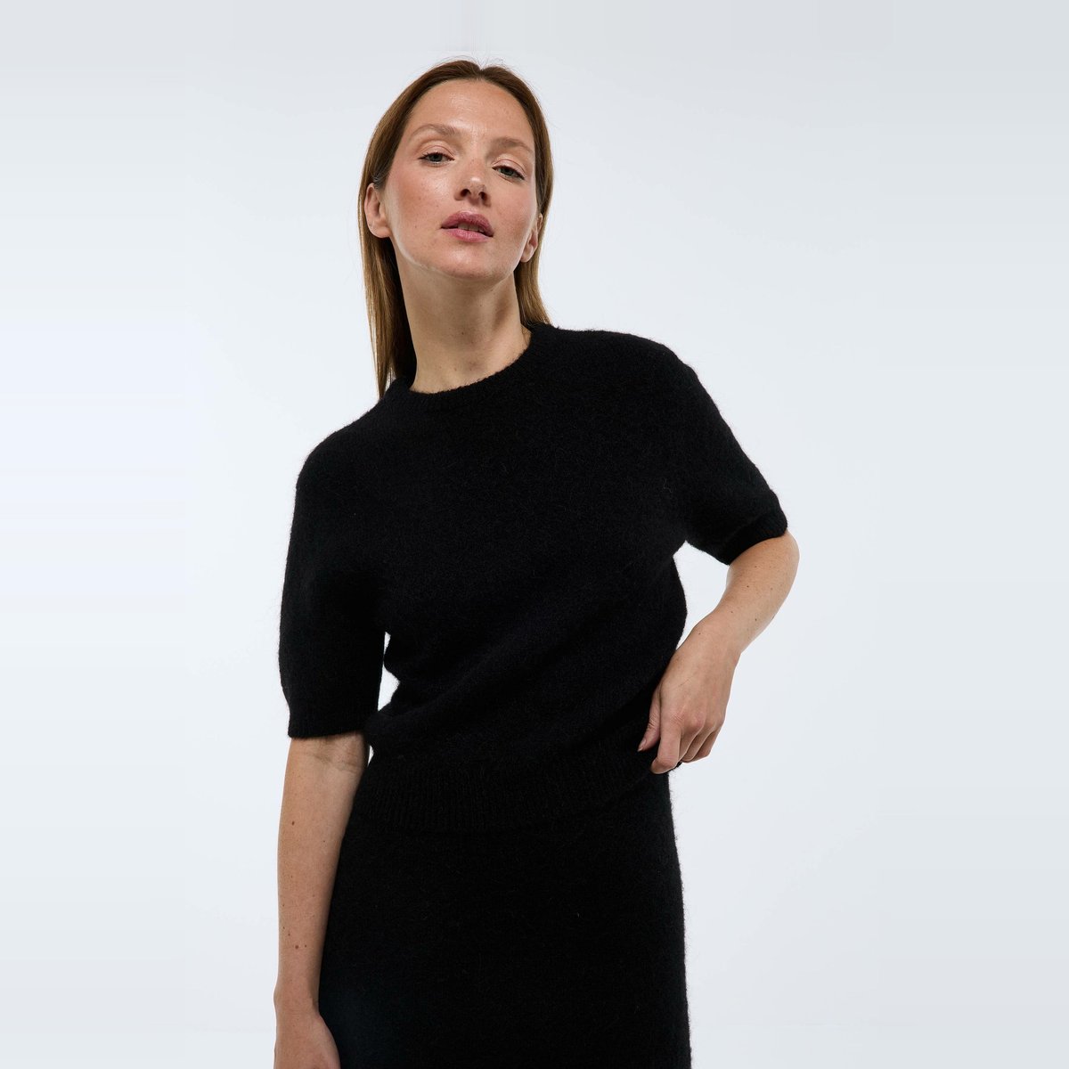 Pull manches courtes contenant de l'alpaca noir, MONOPRIX