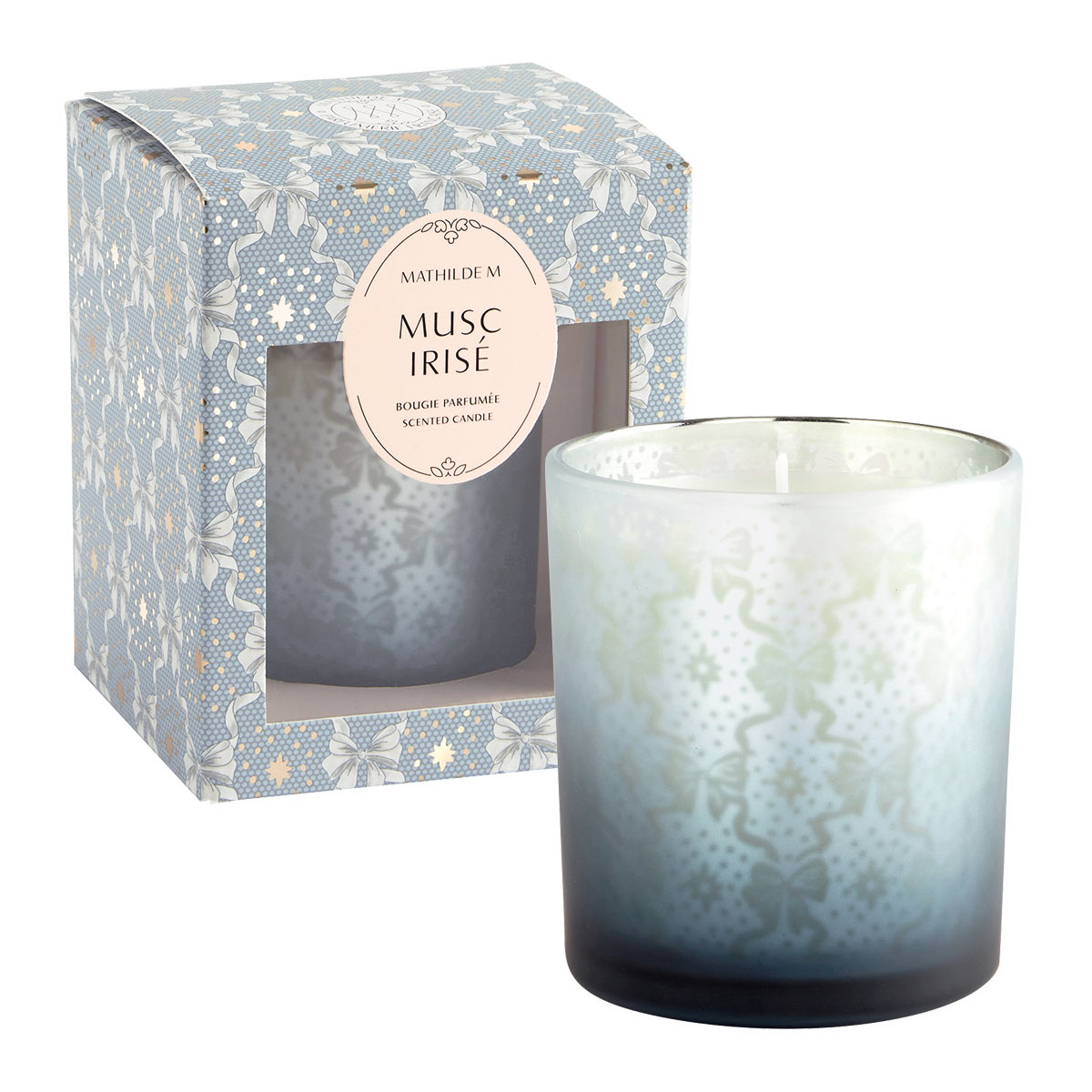 Bougie 160 g parfum Musc Irisé RUBANS DE FÊTE bleu, MATHILDE M