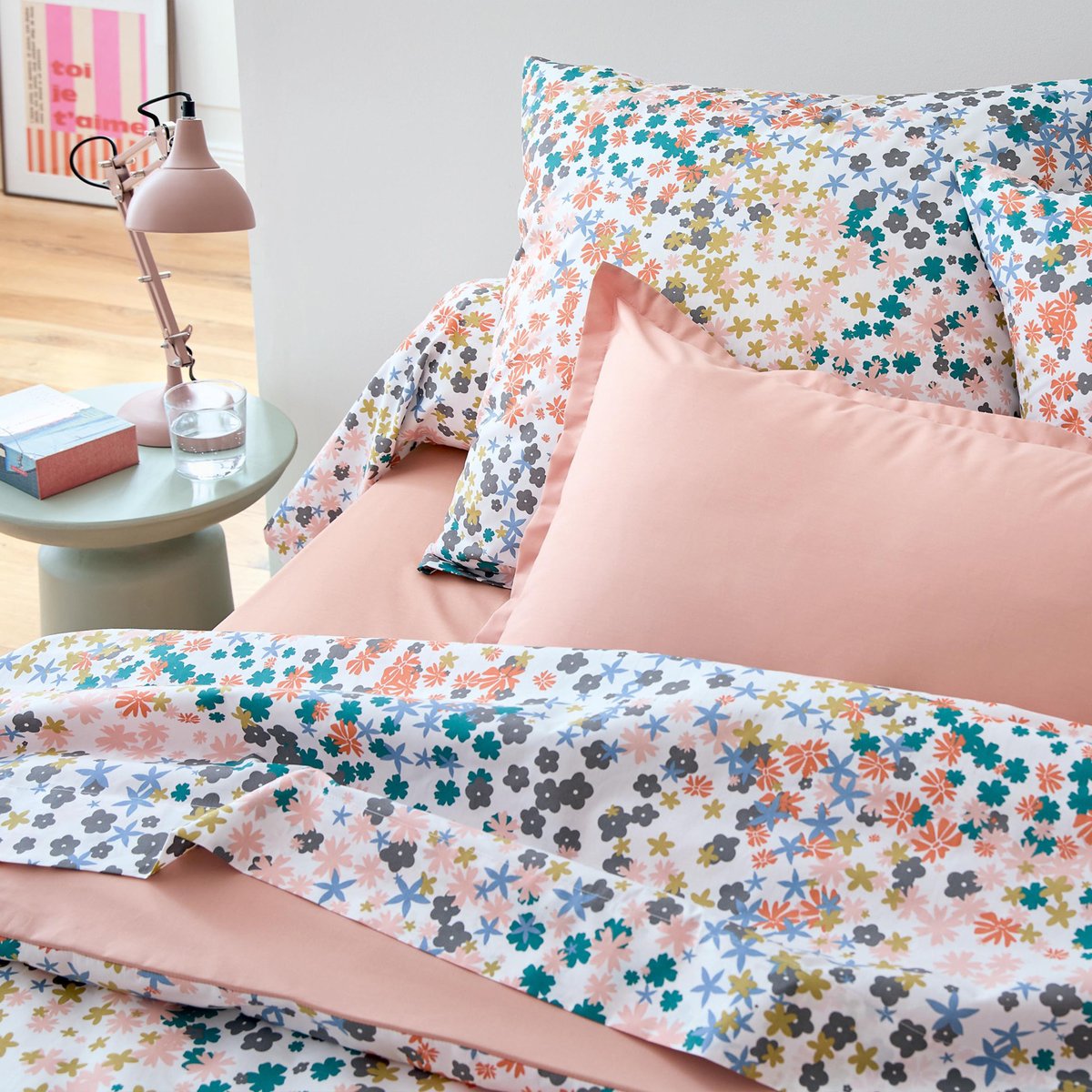 Parure de lit 2 pièces percale de coton 80 fils floral housse + taie rose, TRADILINGE