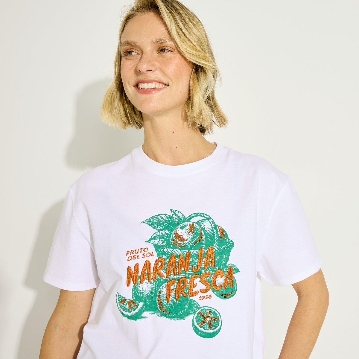 T-shirt imprimé avec sequins blanc cassé blanc, GRAIN DE MALICE