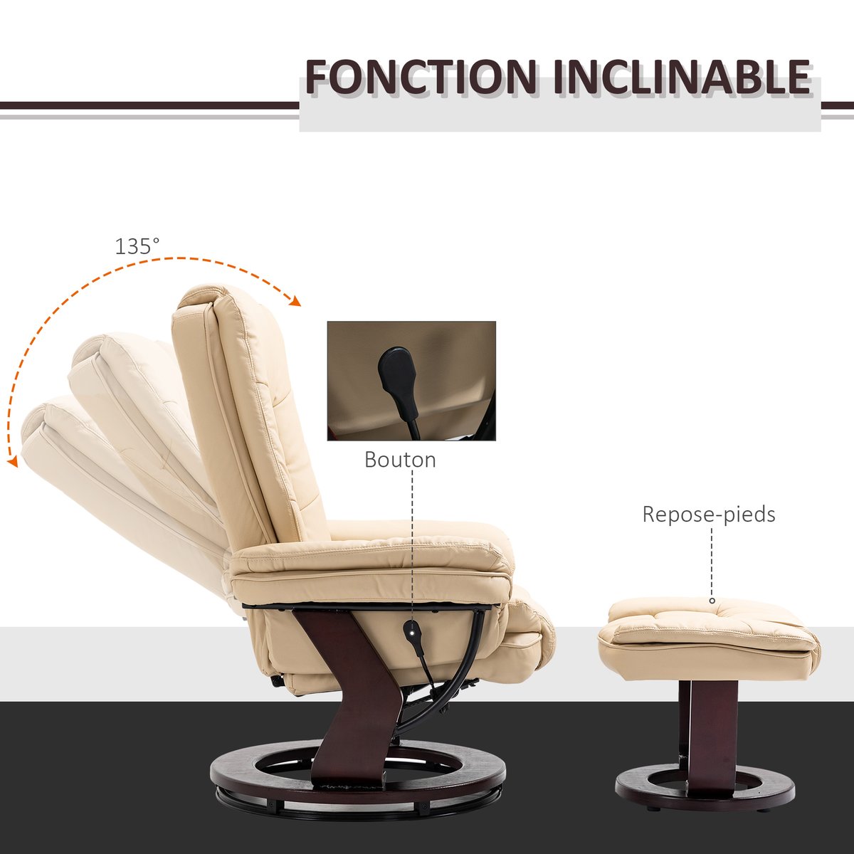 Fauteuil inclinable avec repose-pieds beige, HOMCOM
