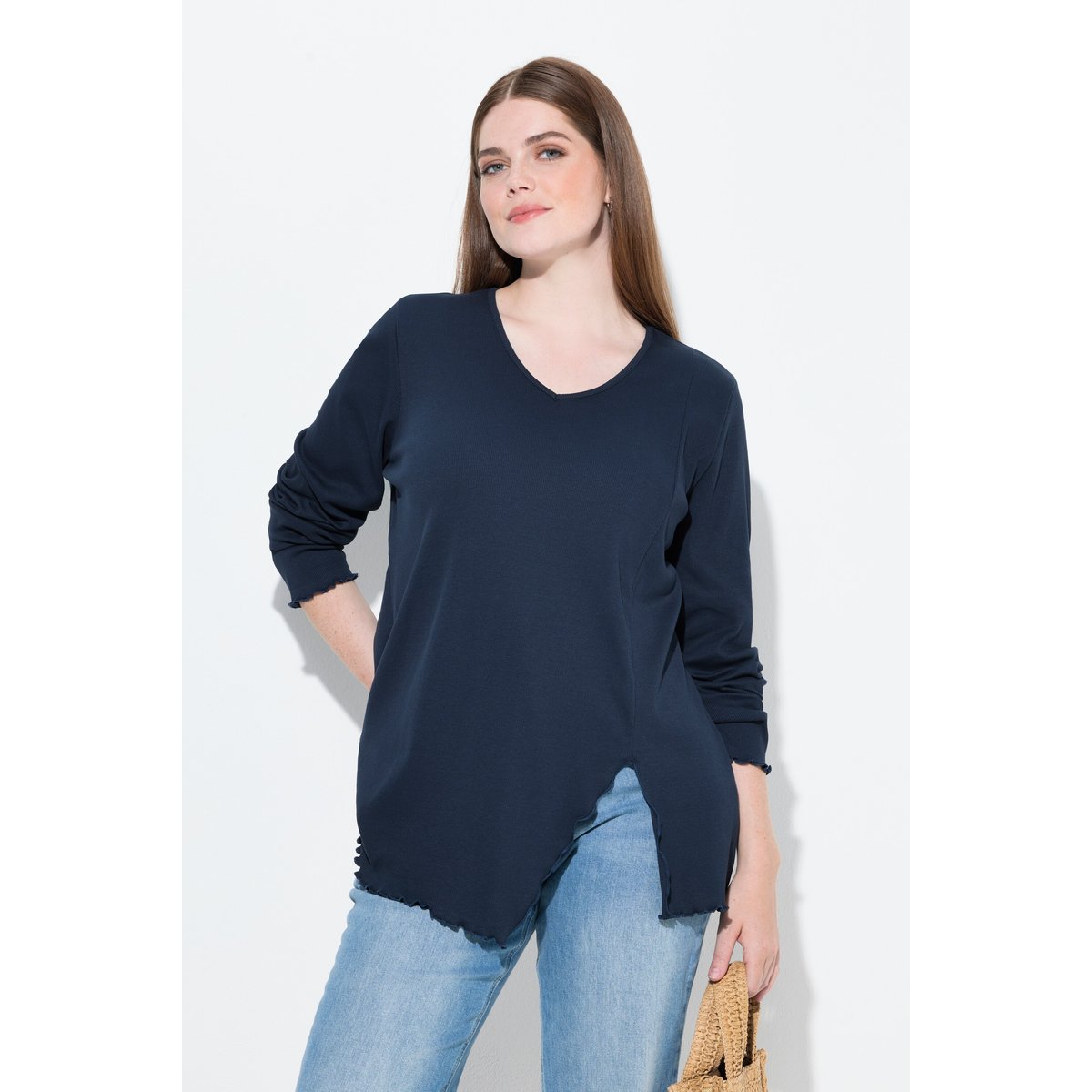 T-shirt en jersey côtelé de coton bio marine, ULLA POPKEN