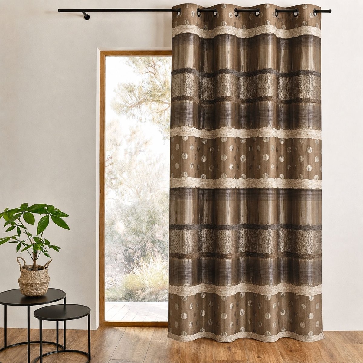Rideau Jacquard Pois et Rayures taupe, HOME MAISON
