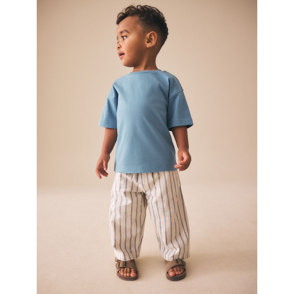 Pantalon large à enfiler en lin mélangé bleu/écru, NEXT