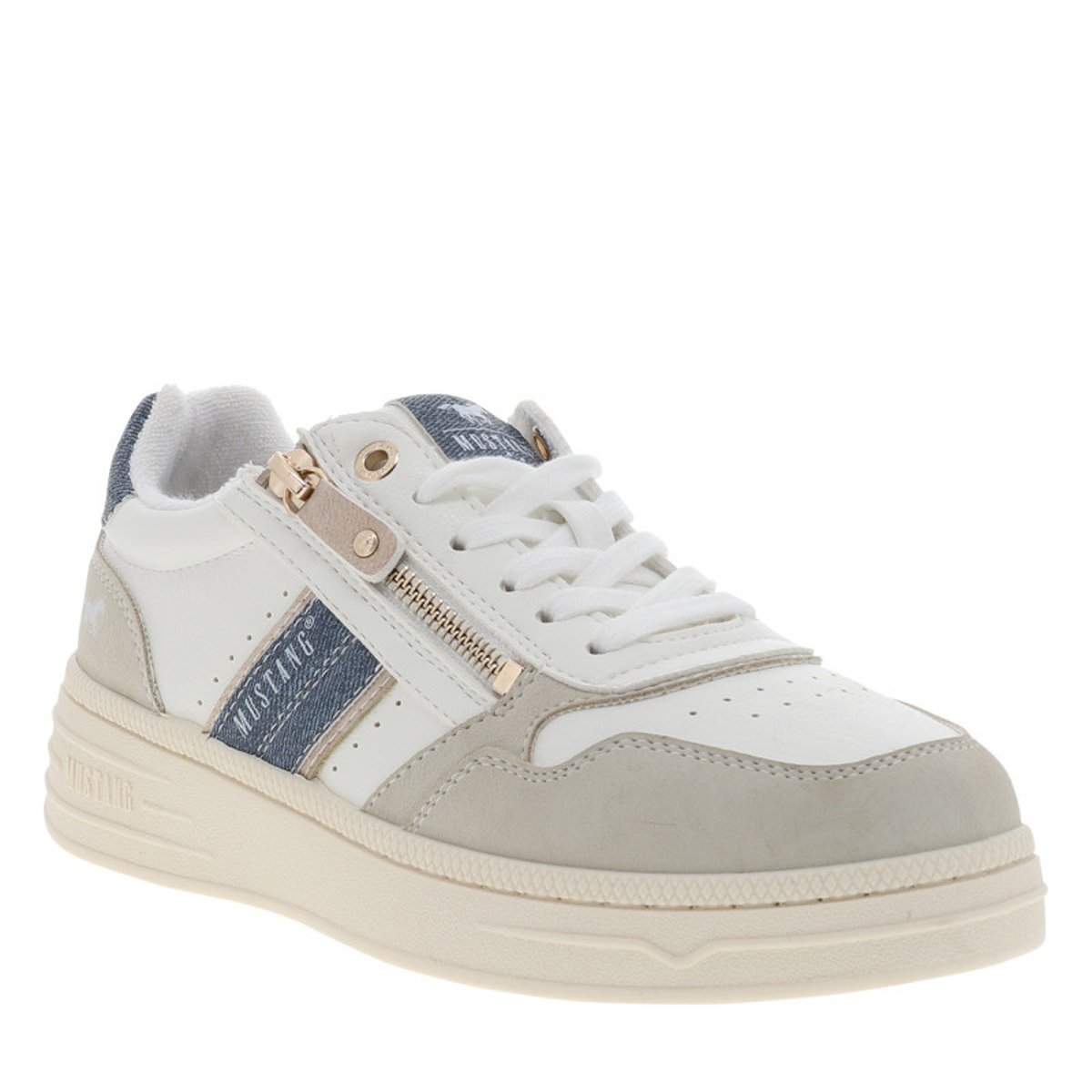 Sneakers écrues à semelle plate avec des lacets et un zip latéral beige, MUSTANG