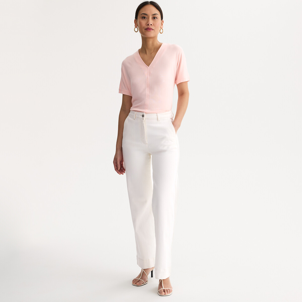 T-shirt van jersey met V-hals en korte mouwen roze, ANNE WEYBURN