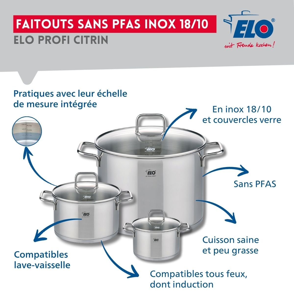 3 poêles 24/28/32cm + 3 faitouts 12/16/26cm PROFI CITRIN gris, ELO