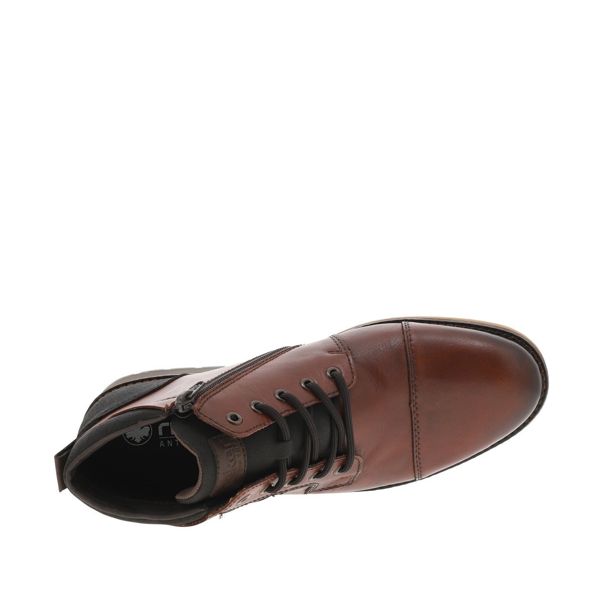 Bottines en cuir à talon plat avec un zip et des lacets ronds cognac, RIEKER