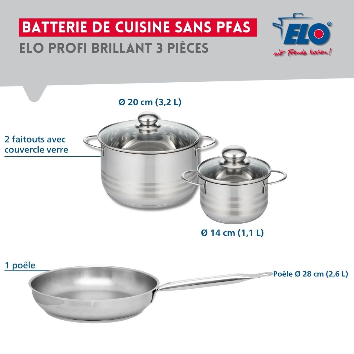 Batterie 1 poêle 28cm + 2 faitouts 14/20cm PROFI BRILLANT inox, ELO