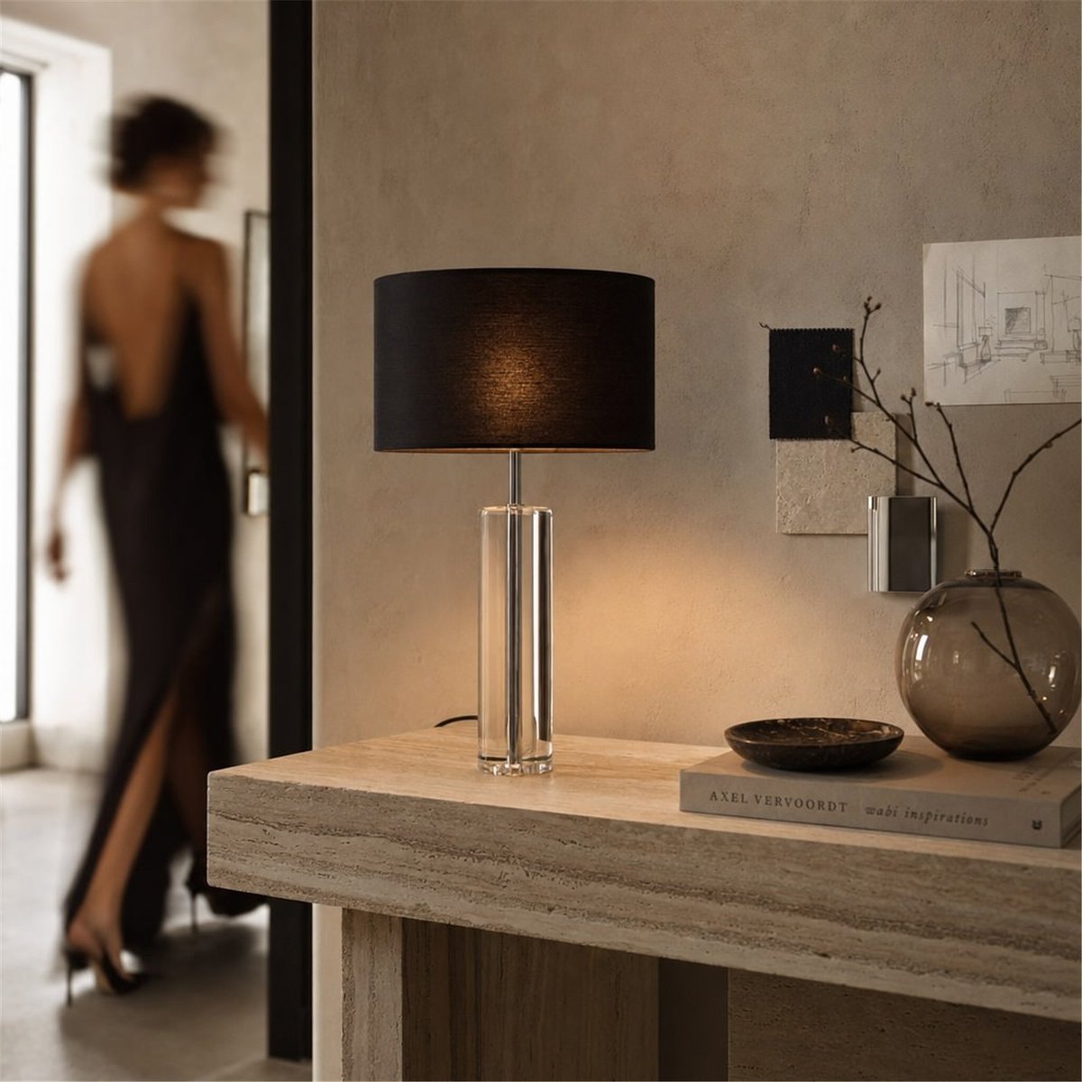Lampe à poser en verre et métal chrome et noir, RECOLLECTION