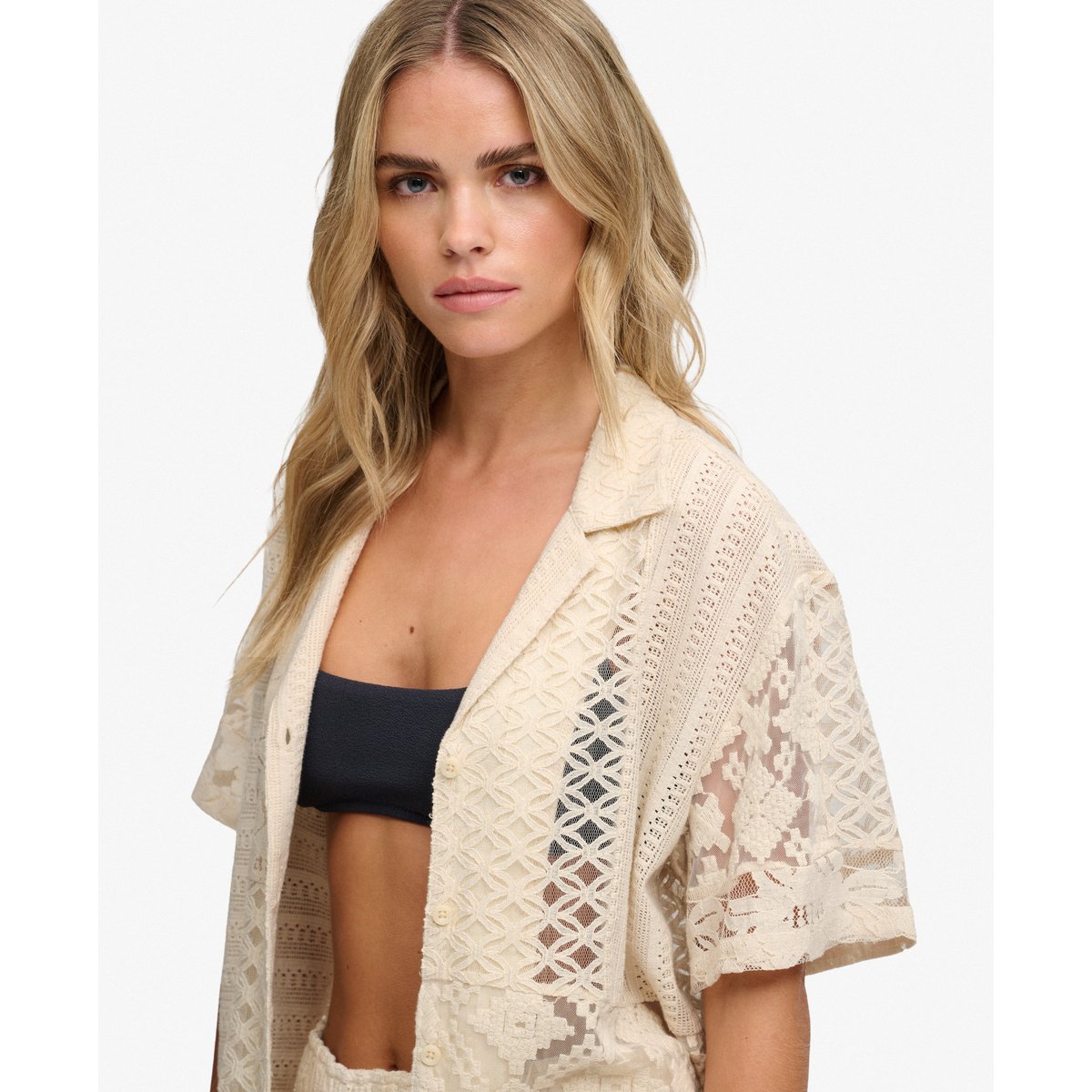 Chemise Resort Beach Dentelle Coupe Décontractée écru poudré, SUPERDRY