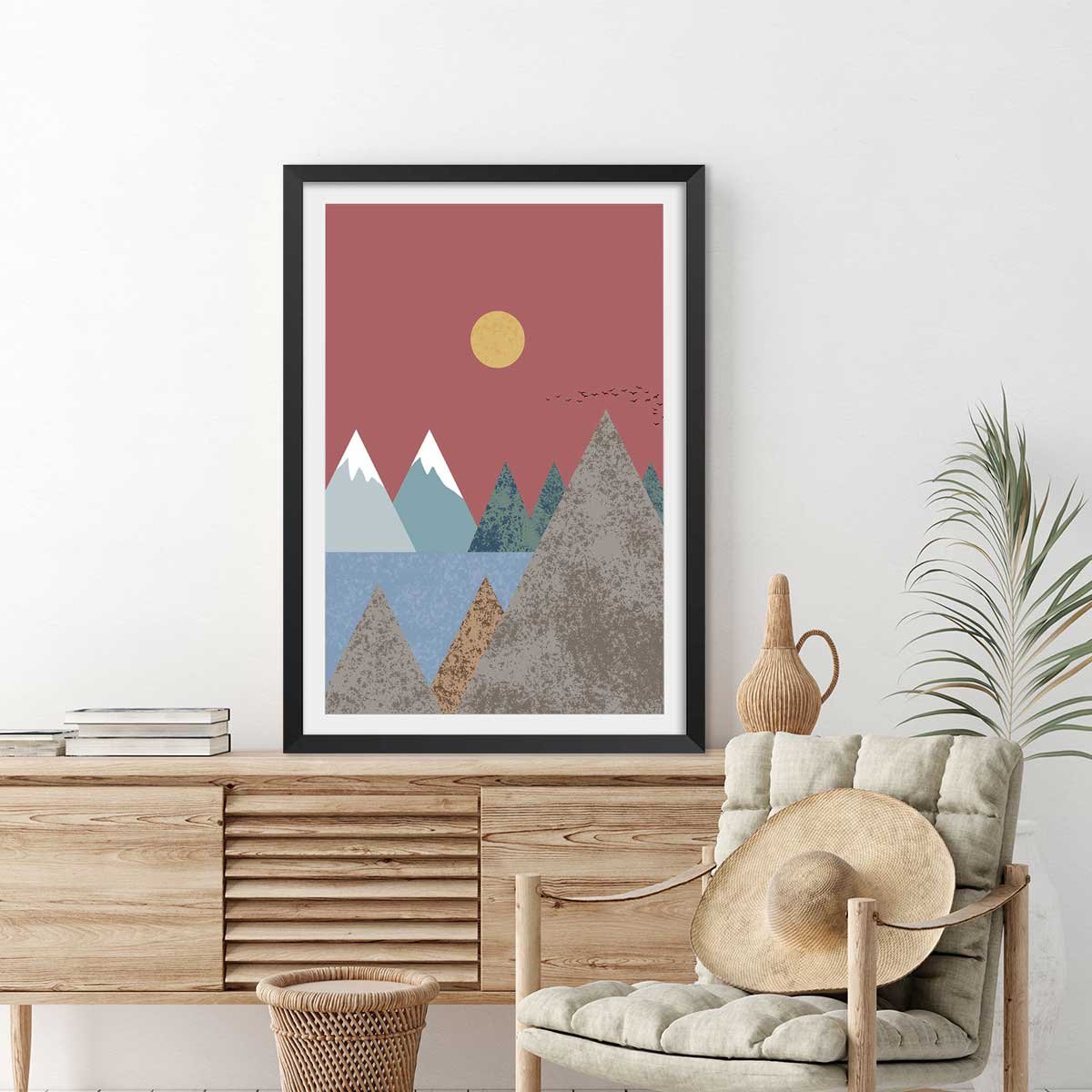 Affiche Soleil couchant affiche + cadre en bois - noir, HEXOA