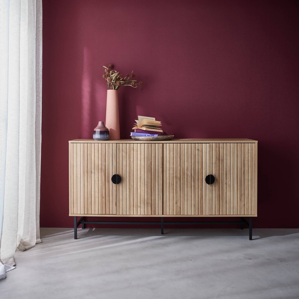 Buffet décor bois rainuré 4 portes 157,5cm BAZALT bois foncé, SWEEEK