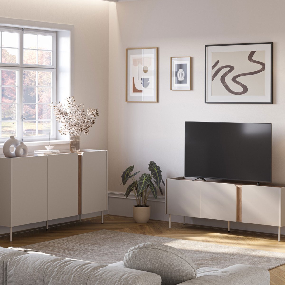 Meuble TV 3 portes en bois et métal L140cm- BOXY beige, DRAWER