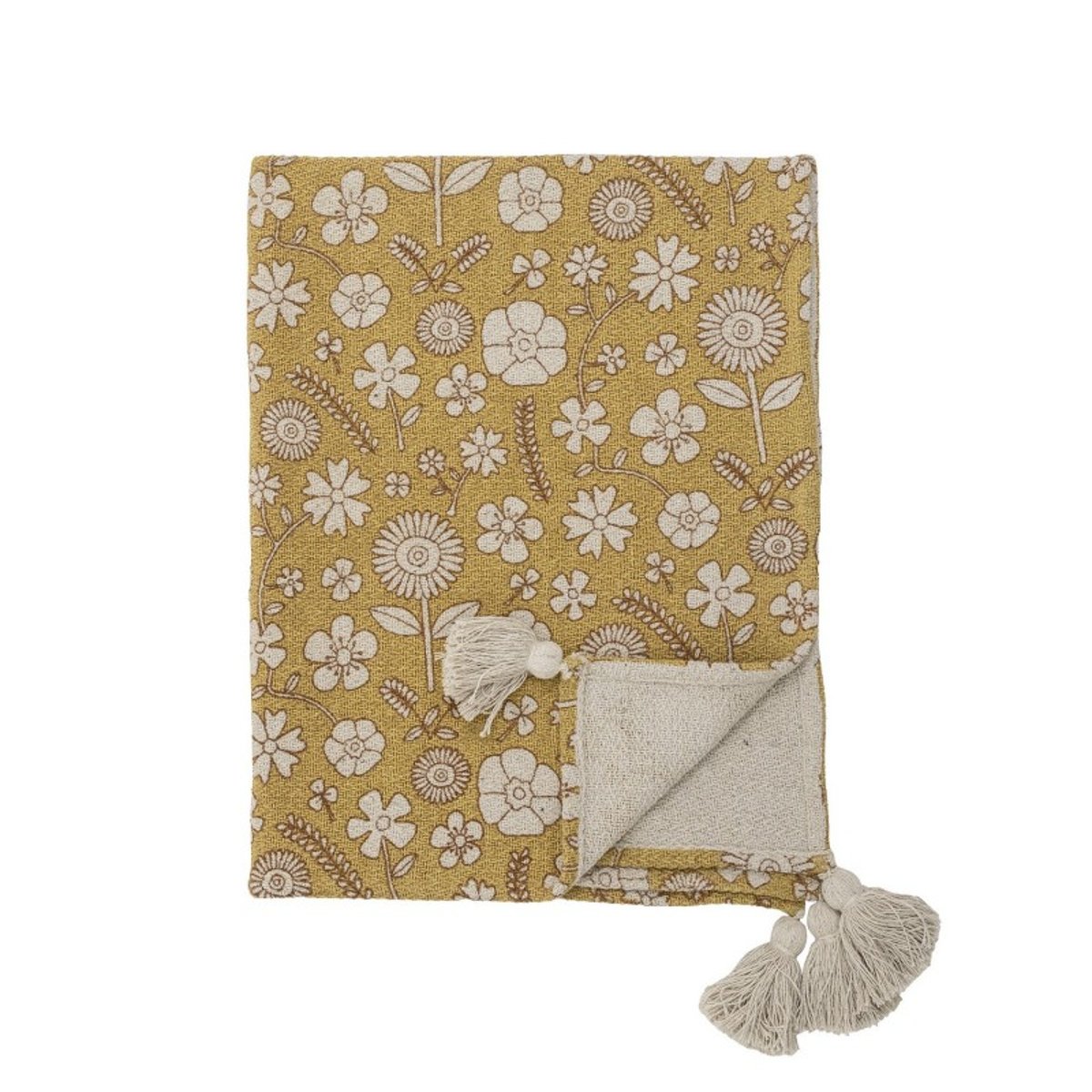 Petit plaid coton recyclé motif floral Camille jaune, BLOOMINGVILLE