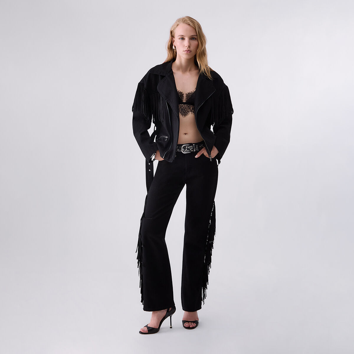 Jean droit avec franges denim noir, LIU JO