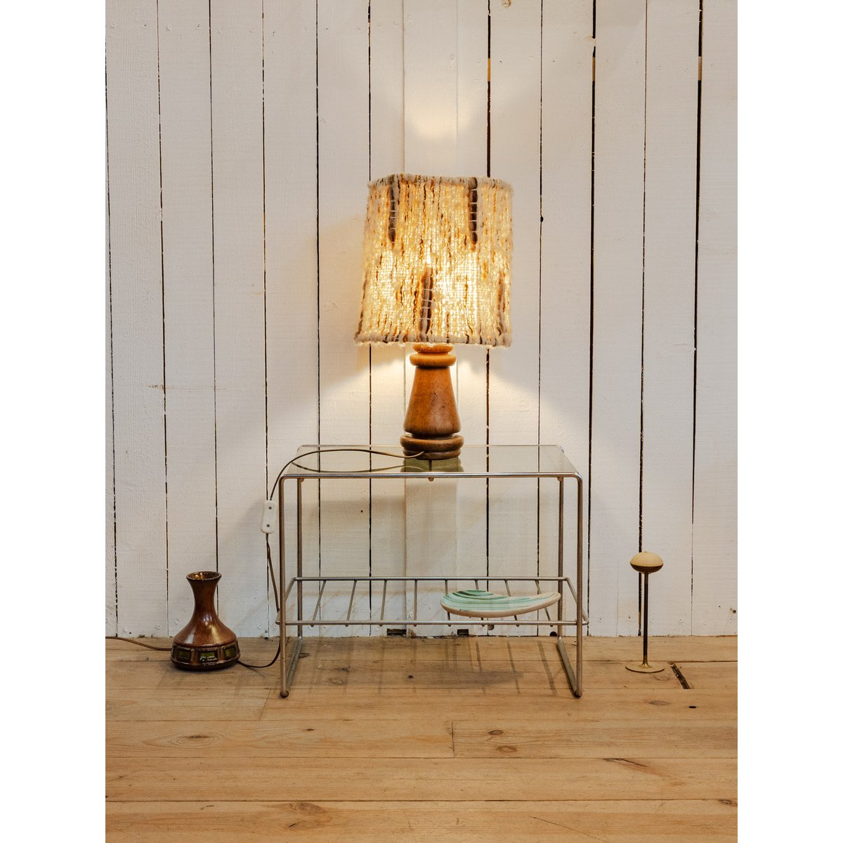 Lampe à poser en bois et laine Julia N°1131 - Bon état bois foncé, DEBONGOUT