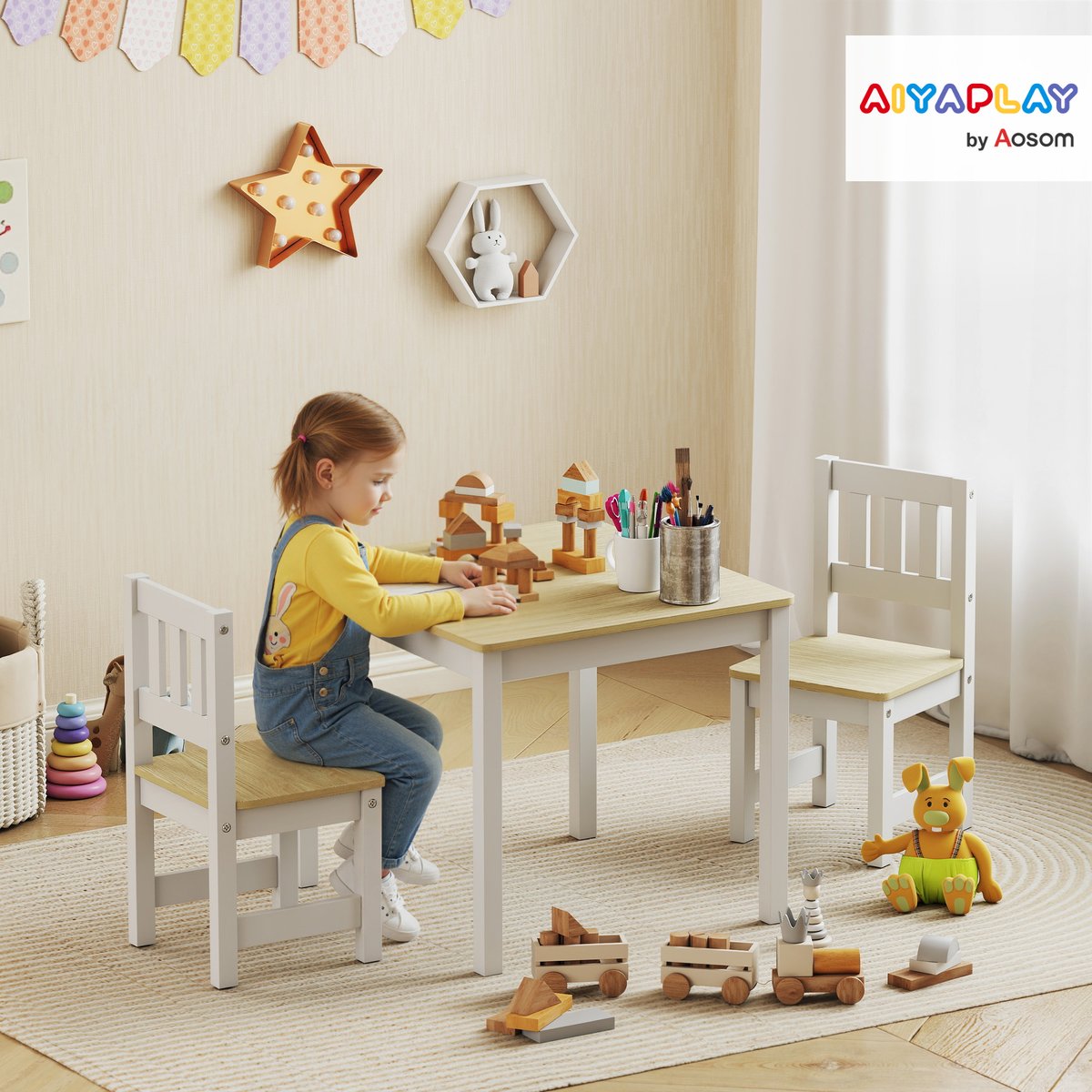 Ensemble table et chaises pour enfants MDF bois naturel, blanc, AIYAPLAY