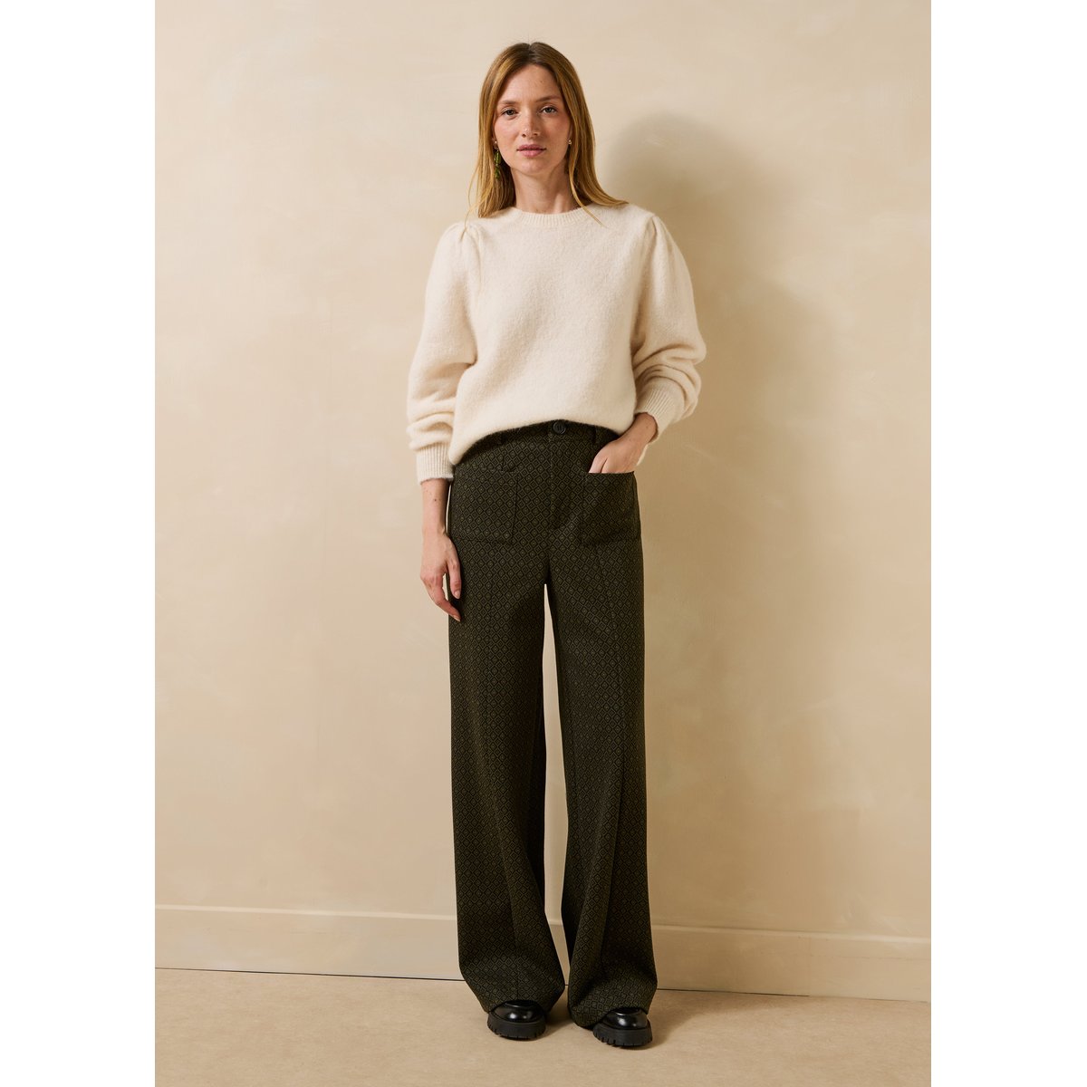 Pantalon large en milano jacquard kaki, LA FEE MARABOUTEE