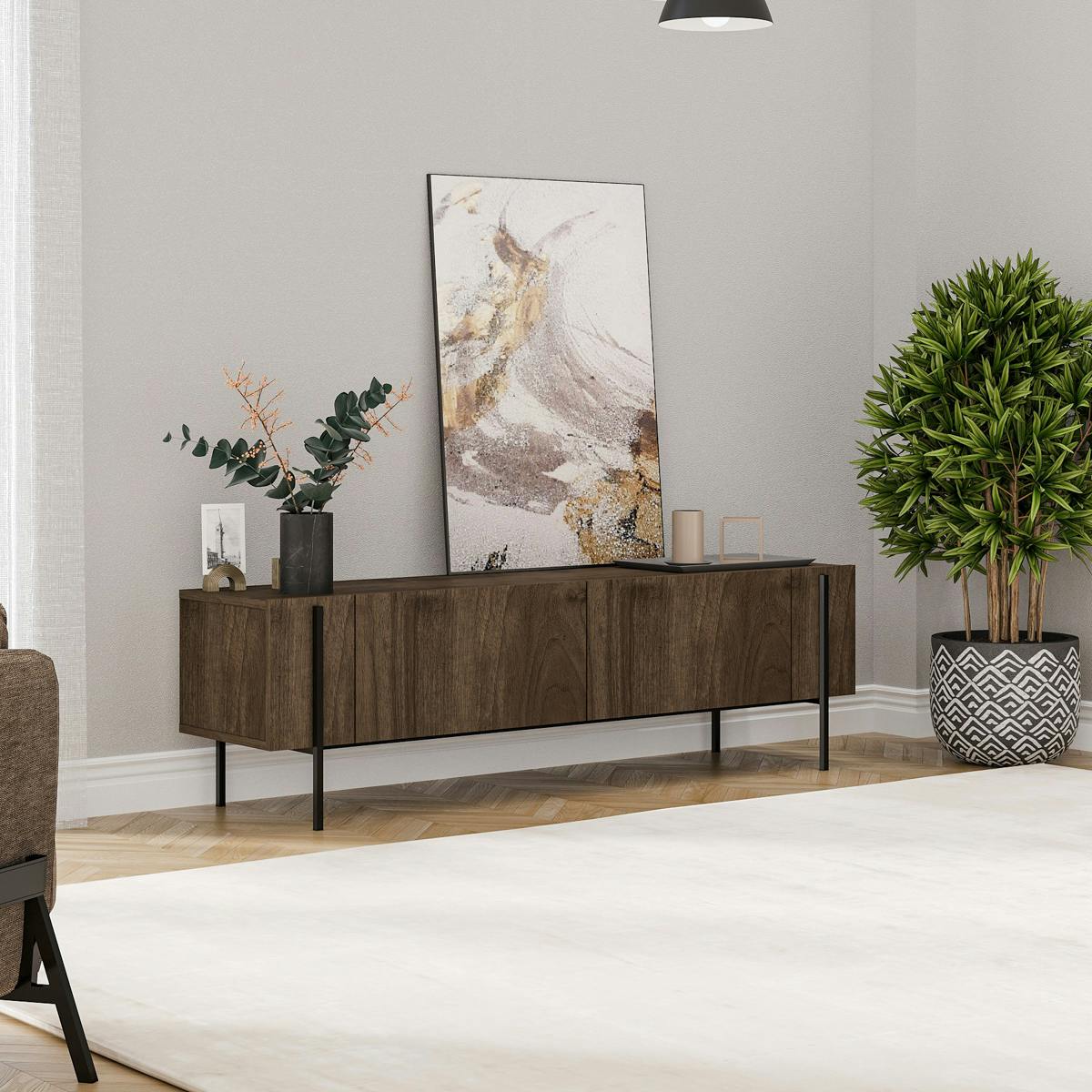 Meuble TV design effet bois foncé pieds noirs baguette JENA bois naturel, PIER IMPORT