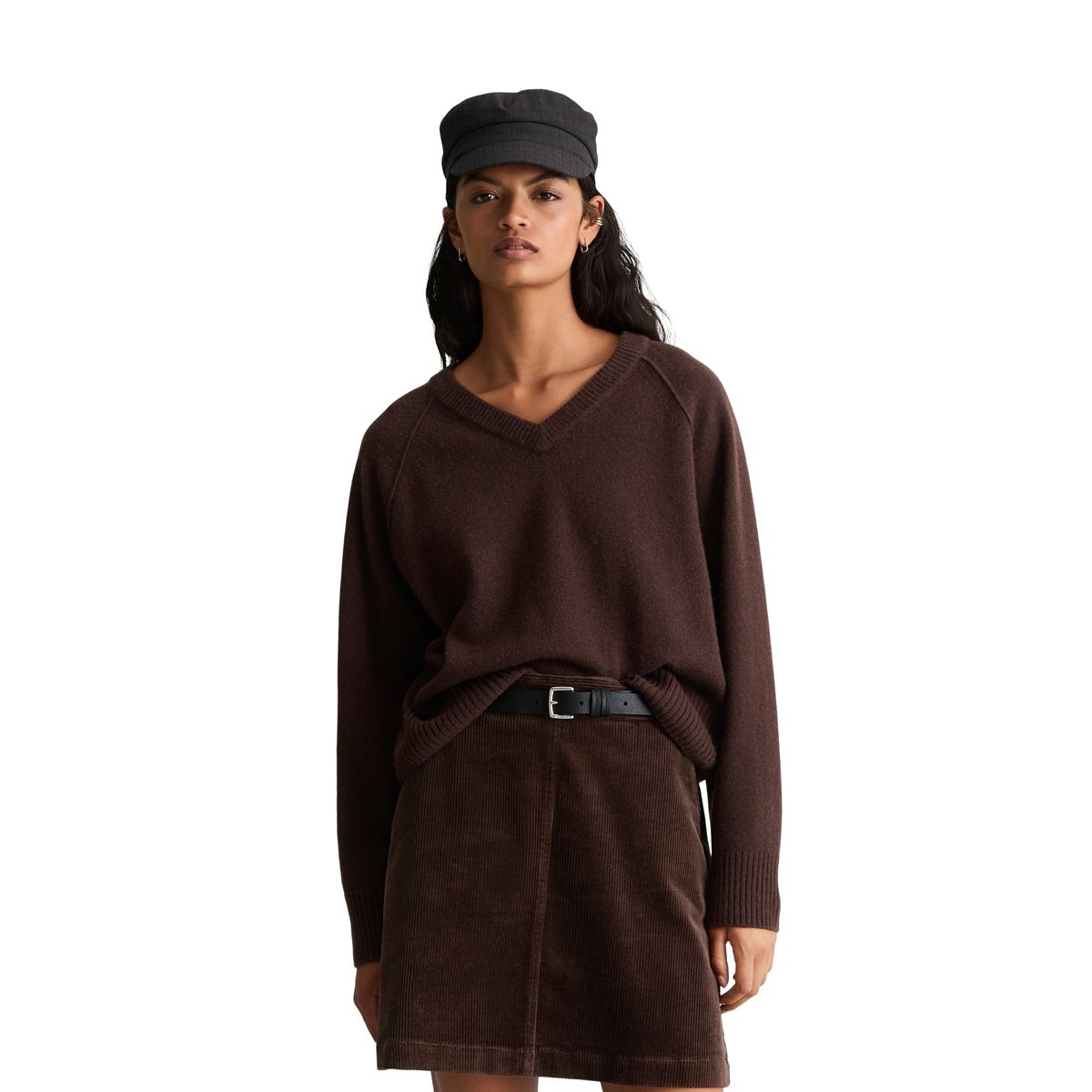 Pull à col en V en laine mérinos, coupe classique au toucher doux marron, MARC O’POLO DENIM