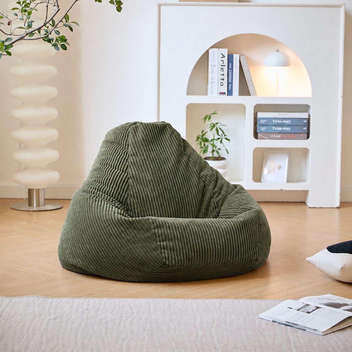Pouf de salon, velours côtelé, GRANA vert khaki, NORDLYS