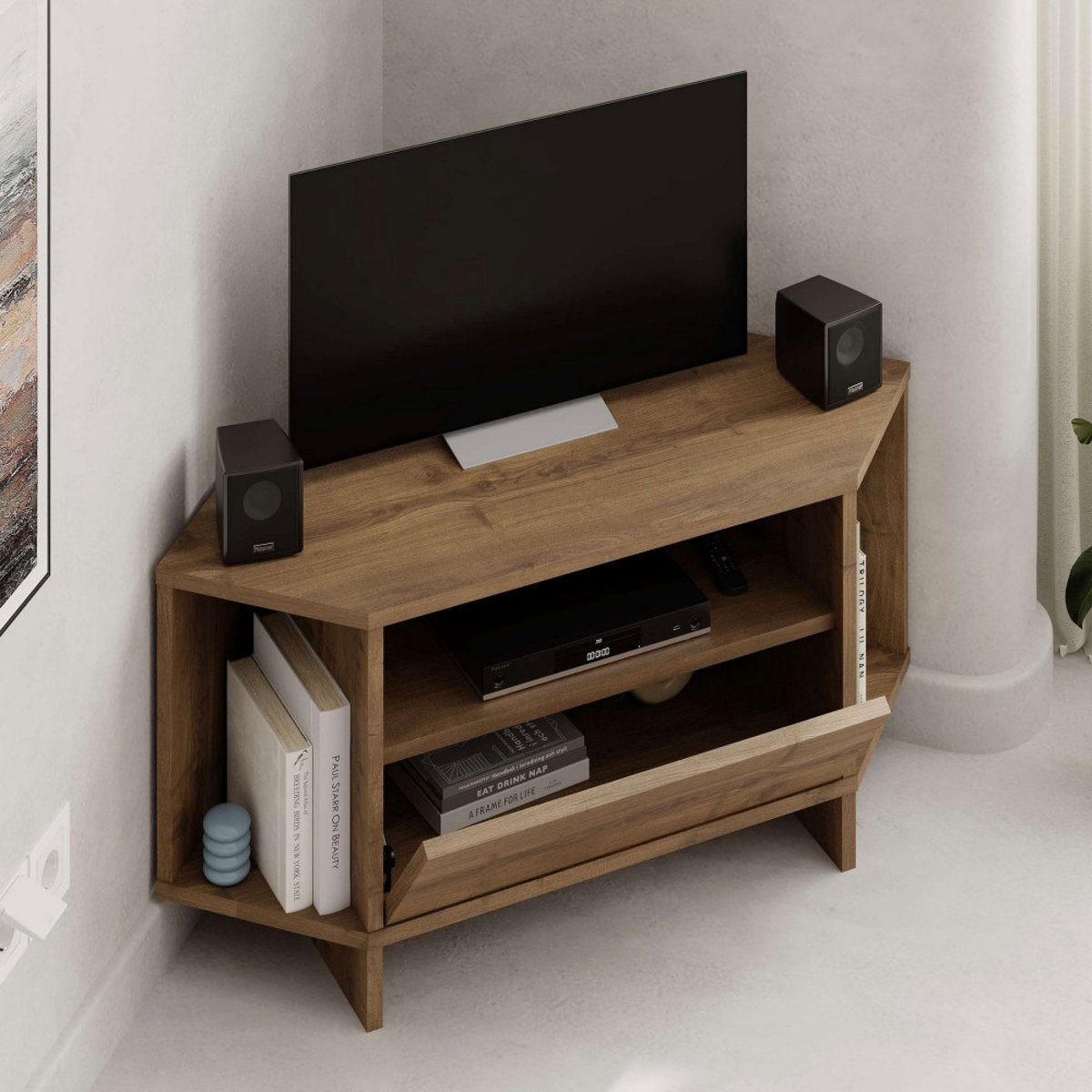 Meuble TV d'angle 1 porte en bois L95,7cm- CANO bois foncé, DRAWER