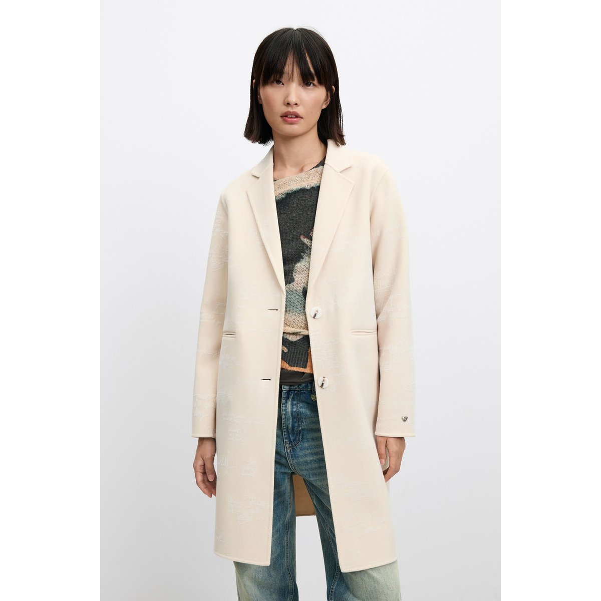 manteau regular imprimé en laine blanc, DESIGUAL