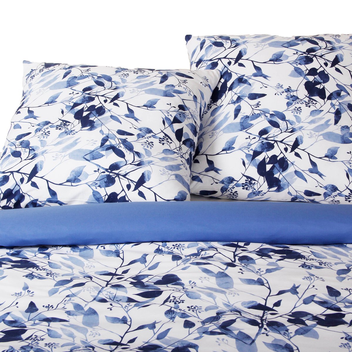 Parure de lit 100% coton imprimé, LEAVES blanc / bleu, C DESIGN HOME TEXTILE
