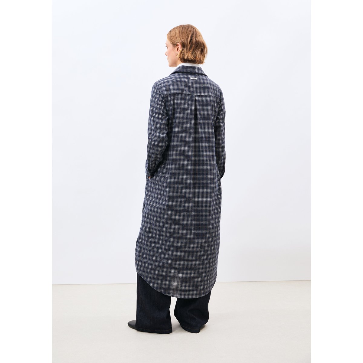 Robe chemise longue à carreaux manches longues marine, HUMILITY