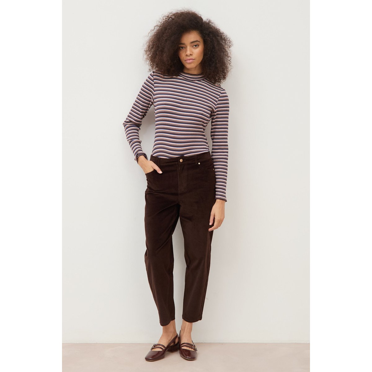 Pantalon taille haute velours resserré marron, BONOBO