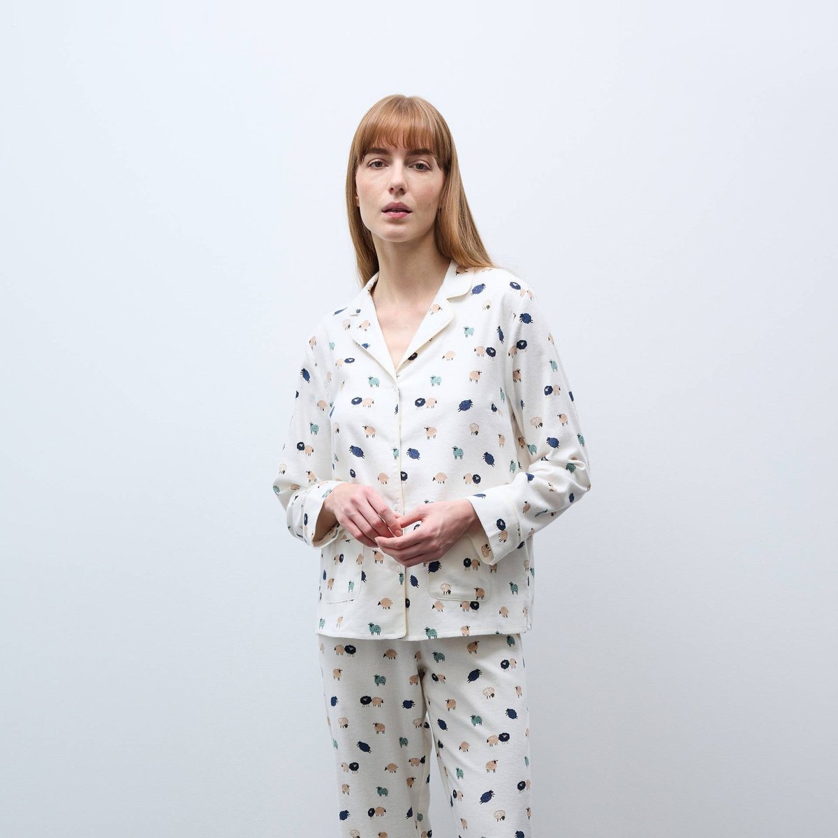 Pyjama long imprimé en flanelle de coton BIO ecru, MONOPRIX