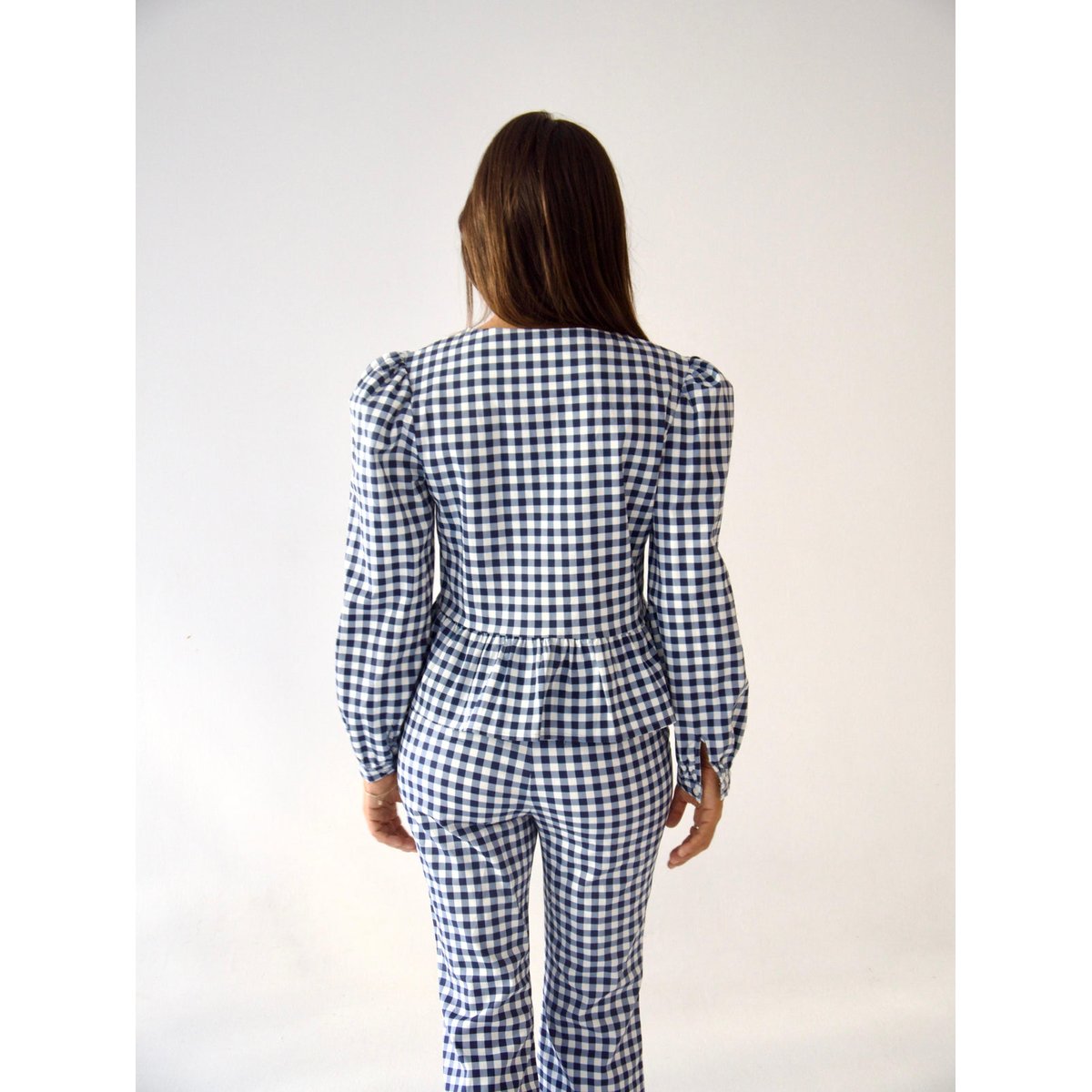 Blouse vichy col carré brandebourgs ROME bleu marine / blanc, MINDTRAVELER