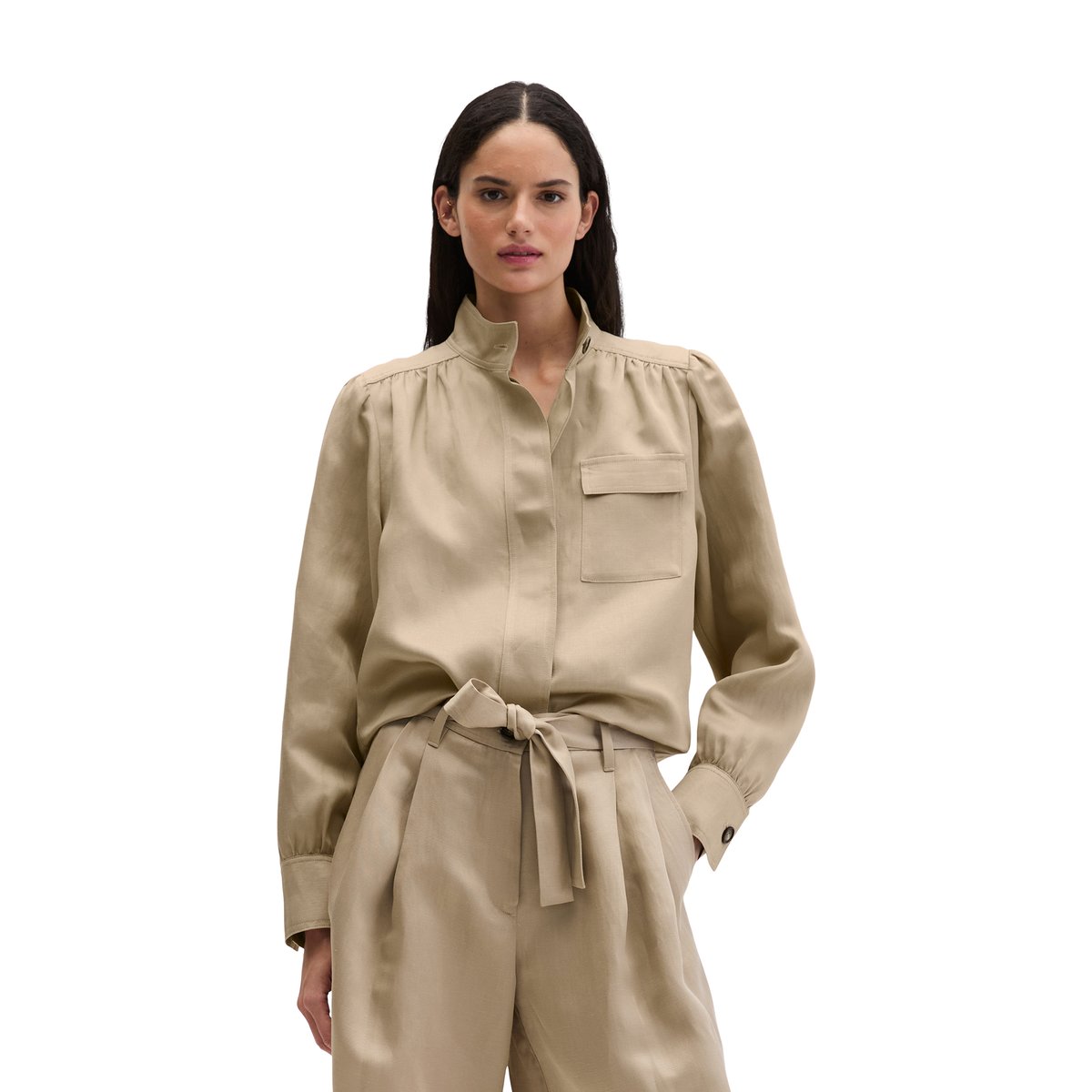 Veste à col montant loose en mélange TENCEL™ Lyocell-lin beige, MARC O'POLO