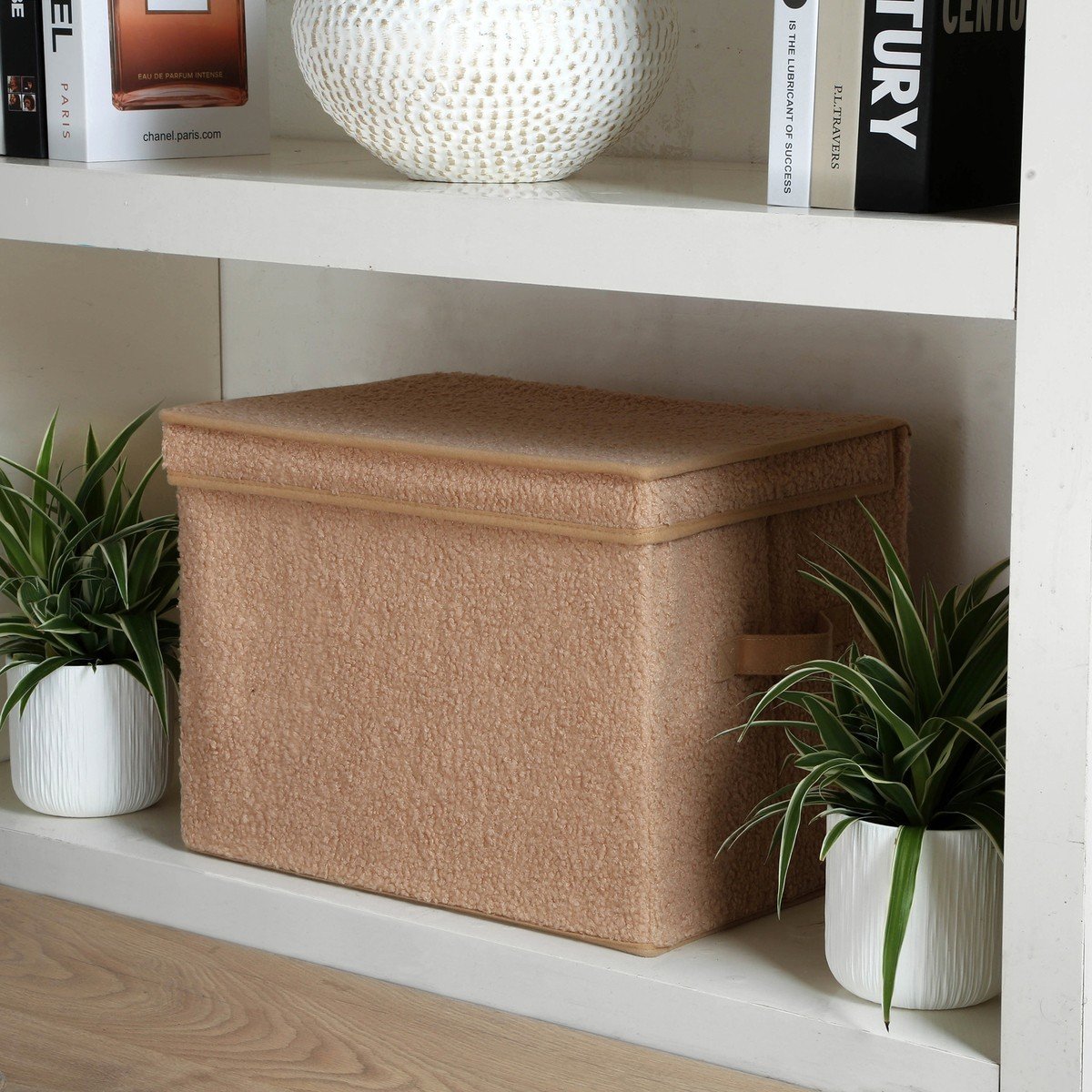 Boîte rangement haute avec couvercle tissu bouclette beige - H30 cm beige, CALICOSY