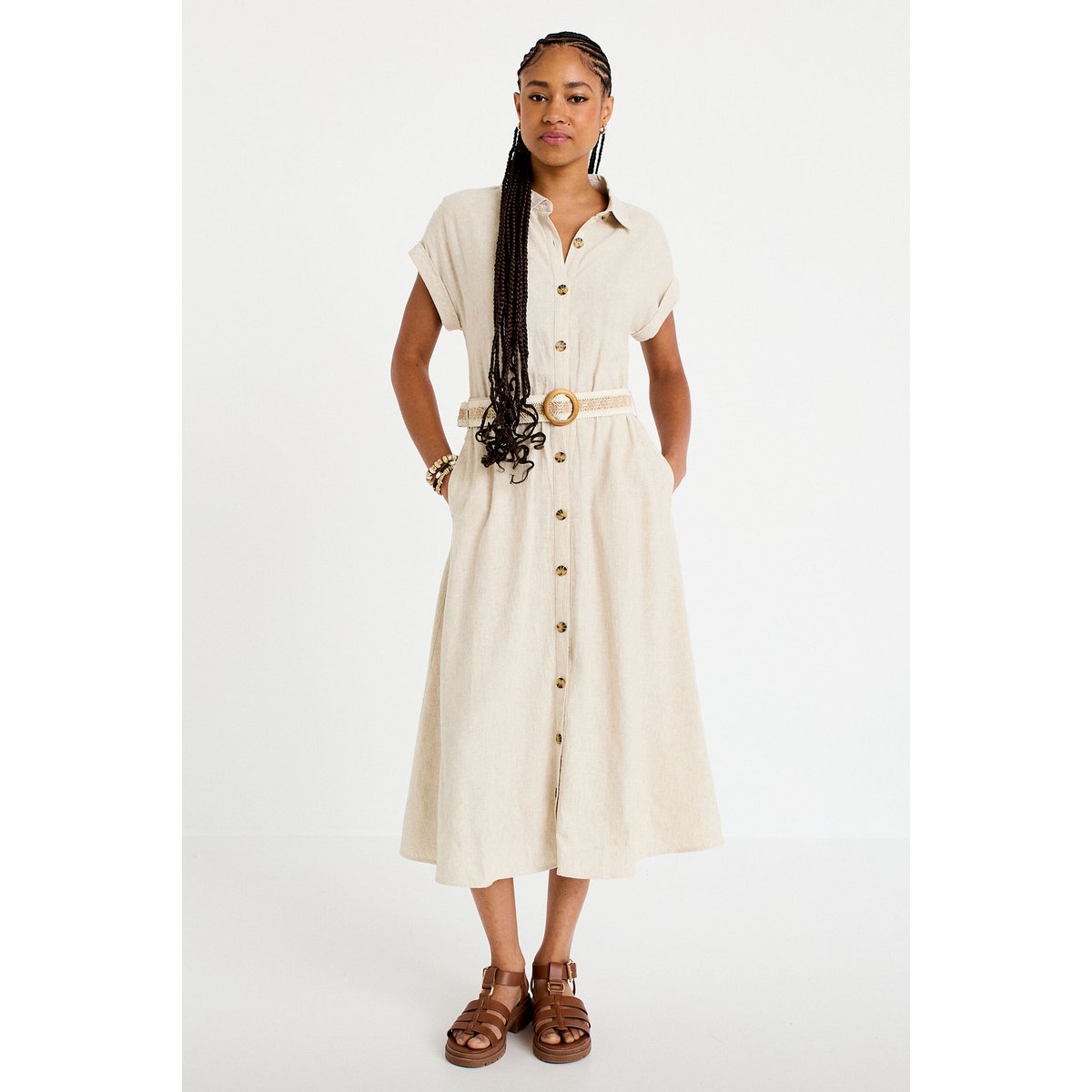 Robe évasée 3/4 col chemise ceinture beige, CACHE CACHE