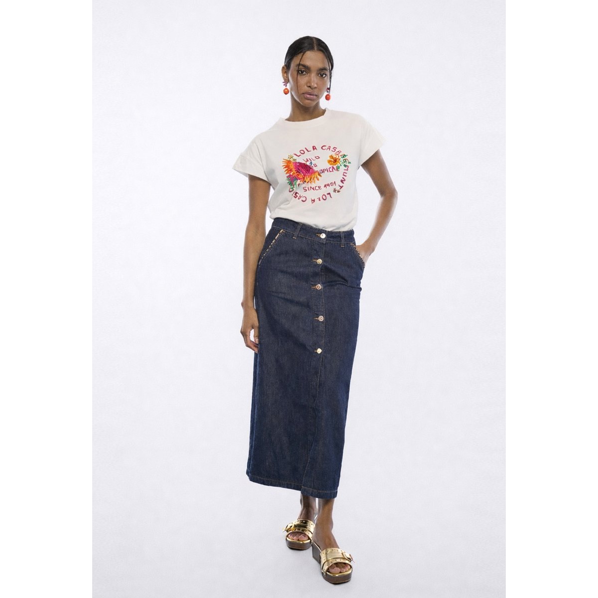 T-shirt coton coupe droite brodé à motif tropical blanc, LOLA CASADEMUNT
