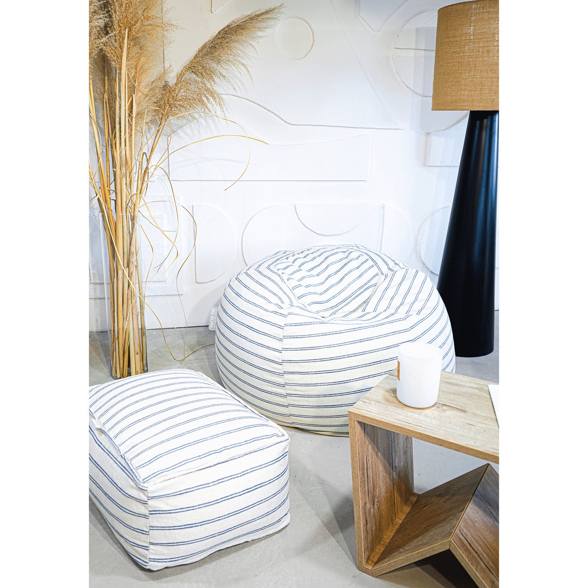 Pouf en lin rayé bleu, déhoussable bleu, MX HOME