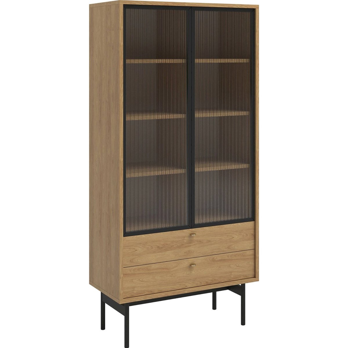 Vitrine haute bois et verre strié OLAR hickory naturel, noir et doré, RECOLLECTION