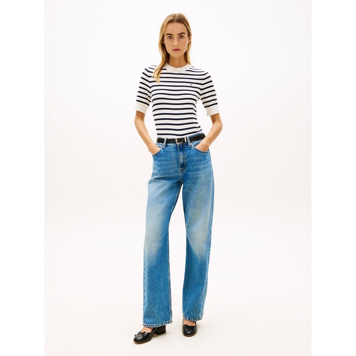 Pull a maniche corte a righe con scollo rotondo rigato écru/marine, TOMMY HILFIGER