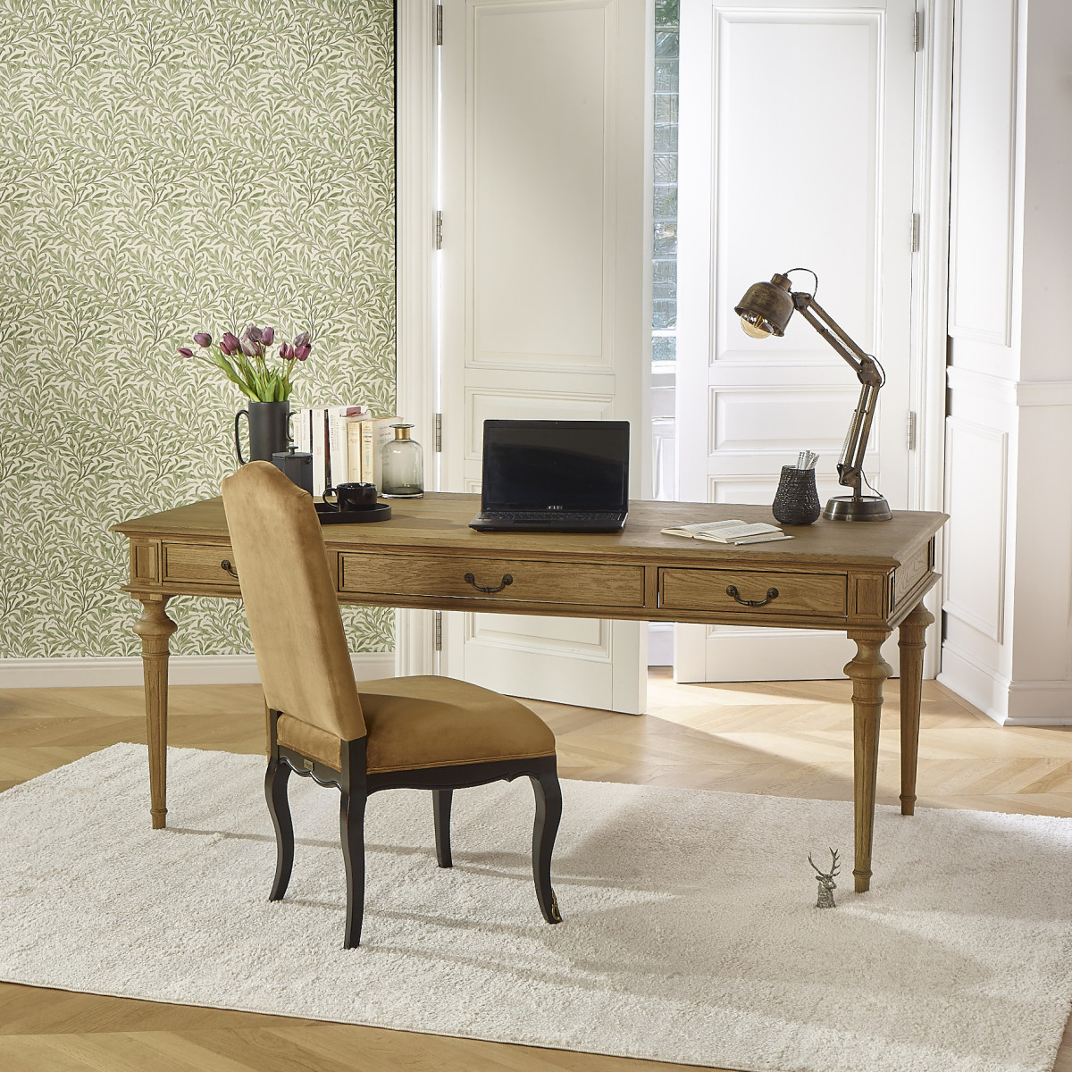 Bureau style shabby chic, plateau en chêne, 3 tiroirs MEGHAN marron, ROBIN DES BOIS
