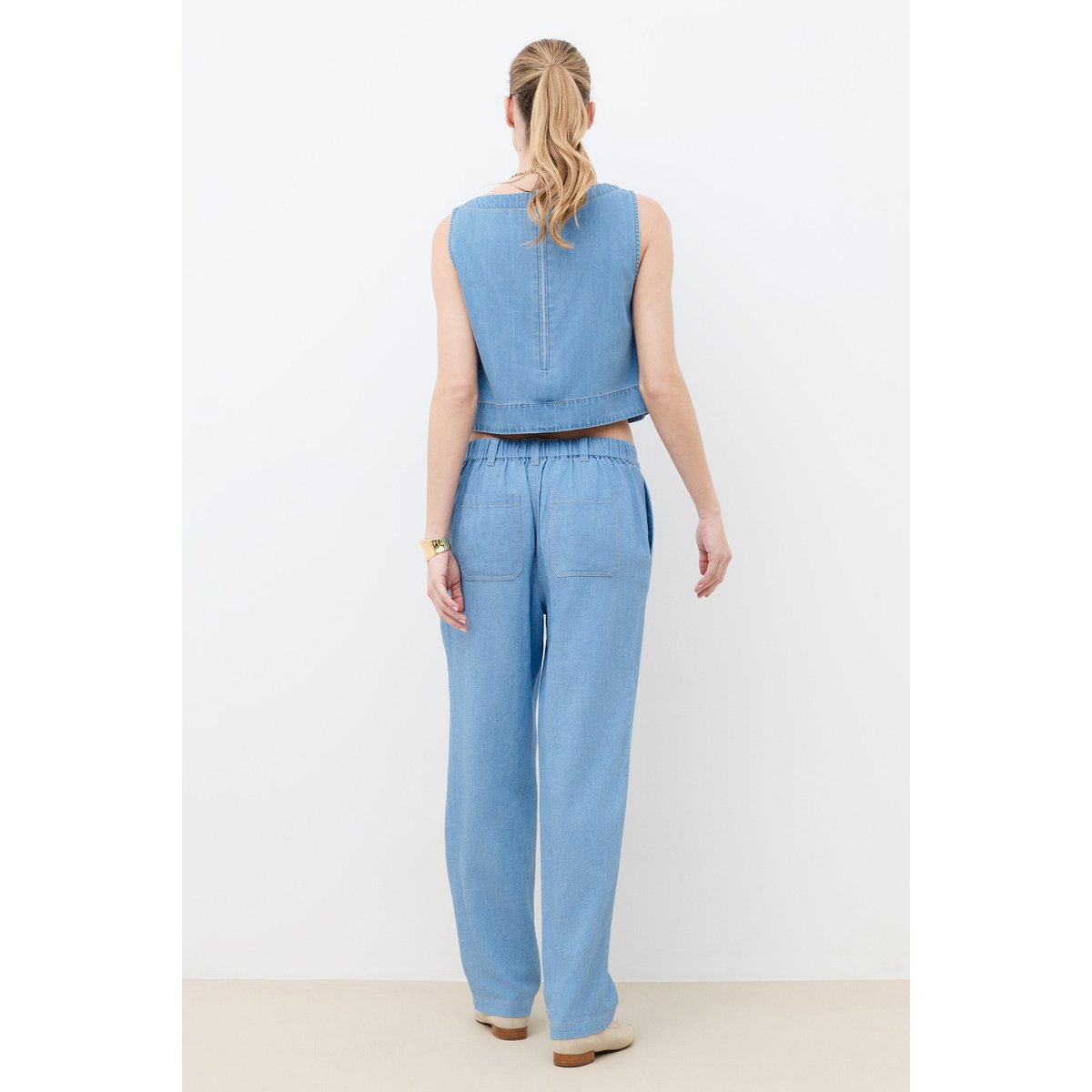 Pantalon 7 huit lin PILLYDENIM bleu ciel, CAROLL